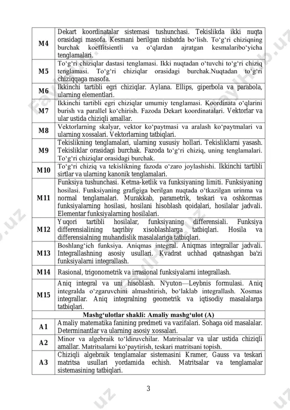 rni yasash. tekisliklar orasidagi burchak. fazoda to„g„ri chiziq, uning tenglamalari. to„g„ri chiziqlar orasidagi burchak. m10 to„g„ri chiziq va tekislikning fazoda o„zaro joylashishi. ikkinchi tartibli sirtlar va ularning kanonik tenglamalari. m11 funksiya tushunchasi. ketma-ketlik va funksiyaning limiti. funksiyaning hosilasi. funksiyaning grafigiga berilgan nuqtada o„tkazilgan urinma va normal tenglamalari. murakkab, parametrik, teskari va oshkormas funksiyalarning hosilasi, hosilani hisoblash qoidalari, hosilalar jadvali. elementar funksiyalarning hosilalari. m12 yuqori tartibli hosilalar, funksiyaning differensiali. funksiya differensialining taqribiy xisoblashlarga tatbiqlari. hosila va differensialning muhandislik masalalariga tatbiqlari. m13 boshlang„ich funksiya. aniqmas integral. aniqmas integrallar jadvali. integrallashning asosiy usullari. kvadrat uchhad qatnashgan ba'zi funksiyalarni integrallash. m14 rasional, trigonometrik va irrasional funksiyalarni integrallash. m15 aniq integral va uni hisoblash. n'yuton—leybnis formulasi. aniq integralda o„zgaruvchini almashtirish, bo„laklab integrallash. xosmas integrallar. aniq integralning geometrik va iqtisodiy masalalarga tatbiqlari. mashg„ulotlar shakli: amaliy mashg„ulot (a) a1 amaliy matematika fanining predmeti va vazifalari. sohaga oid masalalar. determinantlar va ularning asosiy xossalari. a2 minor va algebraik …