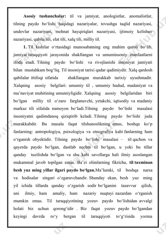 iz faqat yozuv paydo bo‘lgandan keyingi davrda ro‘y bergan til taraqqiyoti to‘g‘risida yozma yodgorliklardan foydalanib fikr yuritishimiz mumkin. lekin yozuv tilni o‘rganish, tilning paydo bo‘lishi to‘g‘risidagi muammoni yoritishga to‘liq imkon bermaydi. shunday bo‘lsa ham, ba’zi olimlar bu masalaga o‘z munosabatlarini, fikrlarini bildirib o‘tishgan.qadimgi yunonistonda faylasuflar tilning qay tarzda kelib chiqqanligi ustida uzoq davr qizg‘in bahs olib borganlar. tilshunoslik tarixidan ma’lumki, bu masalada grek faylasuflari bir - biriga zid ikki xil farazni o‘rtaga tashlashgan. demokrit va boshgalar tilda narsa nomi bilan narsa orasida hech qanday bog‘lanish yo‘q, bu nomlar mazkur tilda gaplashuvchi odamlar tomonidan yaratilgan, demak, til inson tomonidan yaratilgan, degan fikrni ilgari surishgan. bu guruh olimlari anomalistiar deb nom olgan. platon boshliq boshqa bir guruh olimlari "narsa bilan uning nomi orasida muayyan bog‘lanish bor. bu bog‘lanish narsalarning xususiyatlaridan, tabiatidan kelib chiqqan va bu bog‘lanish ilohiy kuch tomonidan o‘rnatilgan" degan fikrni ilgari surishgan. tarixda bu oqim anologistiar deb nom olgan. antik …