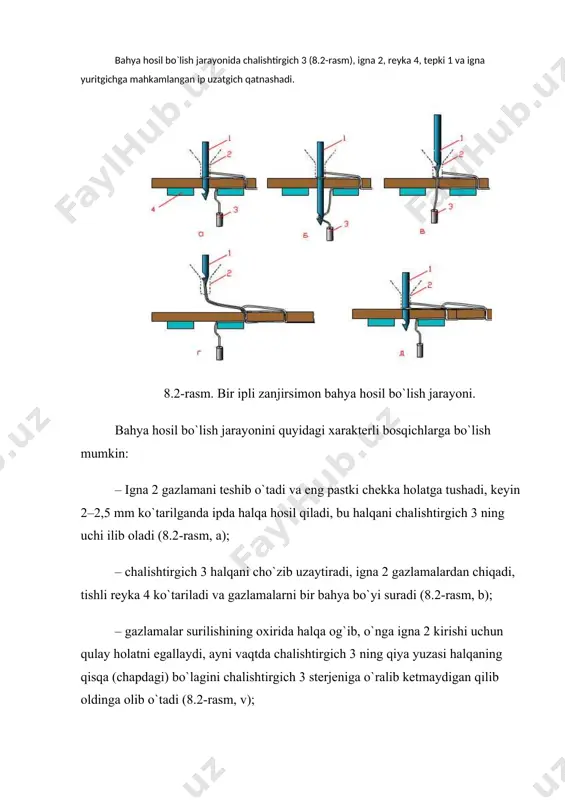 gazlamalardan buyumlar tikish zarur bo`lgani uchun tikuvchilik sanoatida ikki ipli zanjirsimon bahya mashinalar tobora ko`p ishlatilmoqda. bundan tashqari moki bahya mashinalarga nisbatan ikki ipli zanjirsimon bahya mashinalar bir qancha afzalliklarga ega. ikki ipli zanjirsimon bahya hosil bo`lish jarayoni bahya hosil qilishda igna, chalishtirgich, reyka, tepki, ip uzatgich ishtirok etadi. chalishtirgich ikki marta bahyaqator ko`ndalangiga va ikki marta bahyaqator uzunasiga harakatlanib, murakkab fazoviy harakat qiladi (8.4-rasm). bahya hosil bo`lish protsessini bir qancha bosqichlarga bo`lish mumkin: 8.4-rasm. ikki ipli zanjirsimon bahyaning hosil bo`lishi:1) chalishtirgich, 2)igna ipi, 3) ostki ip igna 2 materiallarni teshib o`tib, eng pastgi holatga tushadi, bu paytda chalishtirgich 1 bahyaqatorning ko`ndalangiga harakatlanadi. igna 2 eng pastki holatidan 2–2,5 mm ko`tarilib, halqani hosil qiladi, bu halqaga chalishtirgich 1 o`z halqasini olib kiradi. igna 2 yuqori ko`tariladi va materialdan chiqadi, ip uzatgich bahyaga ketgan ipni g`altakdan chuvatadi, reyka yuqori ko`tariladi va materiallarni bir bahya bo`yi suradi. chalishtirgich 1 bahyaqatorning uzunasiga (tikuvchi …