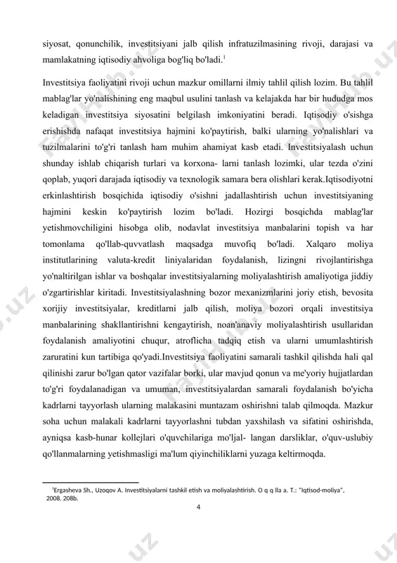 shni amalga oshirish; kurs ishning ob’ekti respublikamizda amalga oshirilayotgan investitsiya loyihalarini moliyaviy-iqtisodiy samaradorligini baholash faoliyati hisoblanadi. kurs ishning predmeti investitsiya loyihalarini moliyaviy-iqtisodiy samaradorligini baholash bilan bog’liq iqtisodiy munosabatlardir. malakaviy ishning tarkibiy tuzilishi. malakaviy ish kirish, 2 bob, xulosa, adabiyotdan iborat. ishning xajmi 50 betni tashkil topgan. i. investitsiya, va uning nazariy asoslari 1.1 investitsiya tushunchasi investitsiya dasturi (keyingi o'rinlarda dastur deb ataladi) — bu respublika iqtisodiyotini barqaror va tadrijiy rivojlantirishga erishishga, tabiiy, mineral xomashyo, moliyaviy, moddiy va mehnat resurslaridan oqilona foydalanish yo'li bilan respublikaning ayrim tarmoqlari va mintaqalarini tarkibiy o'zgartirishning asosiy ustuvor- liklarini va strategik vazifalarini amalga oshirishga yo'naltirilgan bir-biri bilan o'zaro bog'langan chora-tabdirlar kompleksidir.o'zbekistonda investitsiya dasturining ustuvorliklarini belgilash- da va mamlakatimizga chet el kapitalini jalb etishda davlatning ustuvorligi saqlanib kelinmoqda. birinchi bosqichda (2017—2021 yillar) islohotlar siyosatida keng investitsiyalar dasturi va davlat korxonalariga markazlashtirilgan kreditlar ajratish nazarda tutildi, bu esa kattagina budjet taqchilligiga olib keldi. ikkinchi bosqichda (2021—2022 yillar) islohotlar …