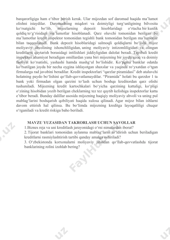 rxona) ta’sis hujjatlarining notarial tasdiqlangan nusxasi; 2) moliyaviy hisobot, korxona balansi va oxirgi uch yil uchun foyda va zarar hisobotini o‘z ichiga oladi. balans yil oxirigacha tuzilib, unda aktivlar, majburiyatlar va kapital tuzilmasi ko‘rsatiladi. foyda va zarar schyoti bir yillik vaqtni o‘z ichiga oladi va kompaniya daromadi va harajatlari, sof daromadi, uning rezervga taqsimlanishi va chegirmalar, dividend to‘lovlari va h.k.lar to‘g‘risida batafsil ma’lumot beriladi. 3) kassa tushumlari va harakati to‘g‘risida hisobot. u ikki hisobot muddatida tuzilgan balanslarning solishtirilishiga asoslan-gandir va u har xil bo‘limlar va fondlar harakatida bo‘ladigan o‘zgarishlarni ko‘rishga yordam beradi. hisobot resurslari defitsitini, ishlatilishini, foizlar uchun mablag‘lar bo‘shash vaqti va kassa tushumlarining defitsitini yuzaga kelishi va h.k.ning umumiy holatini ko‘rishga yordam beradi. 4) ichki moliya hisoboti. bu hisobot kompaniya moliyaviy holati, 1 yil, choraklik yoki oy davomida resurslarga bo‘lgan ehtiyojining o‘zgarishlarini aks ettiradi. 5) ichki operativ hisob bo‘yicha ma’lumotlar. balans tuzish uchun ko‘p vaqtni talab qiladi. lekin kreditor …