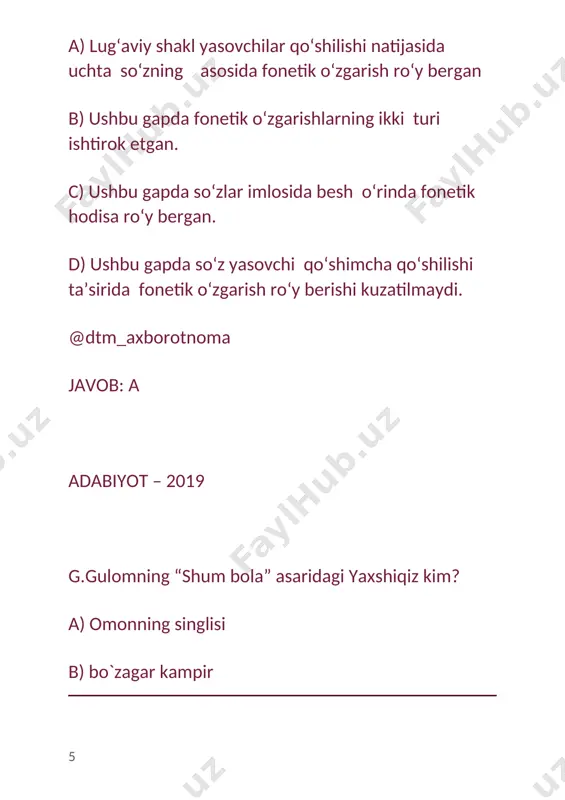 taʼlim sohasida adabiyot fanlari boʻyicha test savollari va javoblari - Page 5