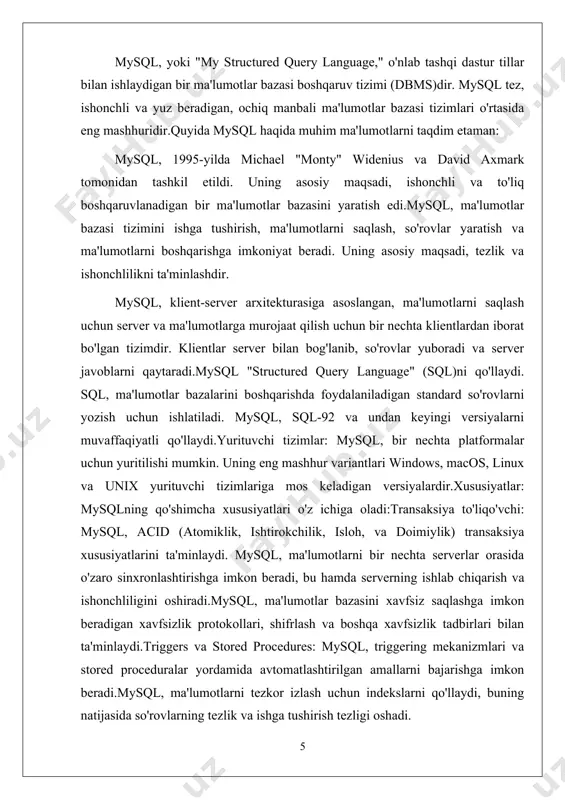 gi ma'lumotlarni va yuqori trafik yuklarini samarali boshqarishi mumkin. mysql ish faoliyatini yaxshilash va sezgirlikni oshirish uchun indekslash, keshlash va so'rovlarni optimallashtirish kabi turli xil optimallashtirish usullarini taklif etadi. yuqori mavjudlik: mysql yuqori mavjudlikni ta'minlash va ishlamay qolish vaqtini minimallashtirish uchun xususiyatlarni taqdim etadi. u replikatsiya kabi texnologiyalarni qo'llab-quvvatlaydi, bu erda ma'lumotlar avtomatik ravishda bir nechta serverlarga ko'chiriladi, bu ortiqcha va o'zgartirish imkoniyatlarini ta'minlaydi. bundan tashqari, mysql kengaytirilgan miqyoslilik va xatolarga chidamlilik uchun ma'lumotlarni bir nechta serverlar bo'ylab tarqatish uchun klasterlash va sharding usullarini qo'llab-quvvatlaydi. moslik: mysql turli dasturlash tillari, ramkalar va platformalar bilan juda mos keladi. u php, java, python va .net kabi mashhur dasturlash tillari uchun ulagichlar va api-larni taqdim etadi, bu mysql-ni turli ilovalar va ishlab chiqish muhitlari bilan integratsiyalashni osonlashtiradi.mysql ma'lumotlar bazasini boshqarish, monitoring qilish va boshqarishni osonlashtiradigan vositalar va yordamchi dasturlarning boy ekotizimiga ega. bularga mysql workbench kabi foydalanuvchi grafik interfeysi (gui) vositalari, mysqldump va …