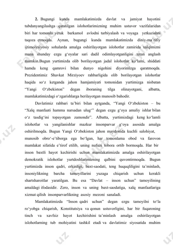 rni amalga oshirishni mustahkamlashda yoshlarning o‘z vatanini sevishlari, boshqa din va boshqa millat vakillariga hurmat ruhida qarashlarida milliy mafkura muhim rol o‘ynaydi. chunki aynan milliy mafkura jamiyat a’zolarini millat va e’tiqodidan qa’tiy nazar birlashtiruvchi muhim omildir. o‘zbekistonda rasmiy ravishda davlat tomonidan huquqiy hujjatlashtirilgan 16 ta diniy konfessiya tashkilotlari faoliyat yuritadilar. turli dinga mansub fuqarolar huquqiy va ma’muriy jihatdan biron to‘siqqa, tazyiqqa uchramagan holda o‘z e’tiqodlariga ibodat qiladilar. ularni huquqiy va ma’muriy jihatdan muhofaza qilish bilan birga, g‘oyaviy va ma’naviy jihatdan qo‘llab-quvvatlash borasida ham katta ma’naviy-ma’rifiy ishlar amalga oshirilmoqda. 2. bugungi kunda mamlakatimizda davlat va jamiyat hayotini tubdanyangilashga qaratilgan islohotlarimizning muhim ustuvor vazifalaridan biri har tomonla yetuk barkamol avlodni tarbiyalash va voyaga yetkazishni taqoza etmoqda. aynan, bugungi kunda mamlakatimizda diniy-ma’rifiy ijtimoiysiyosiy sohalarda amalga oshirilayotgan islohotlar zamirida xalqimizni mana shunday ezgu g‘oyalar sari dadil odimlayotganligini teran anglash mumkin.bugun yurtimizda olib borilayotgan jadal islohotlar ko‘lami, shiddati hamda keng qamrovi bilan dunyo nigohini diyorimizga …