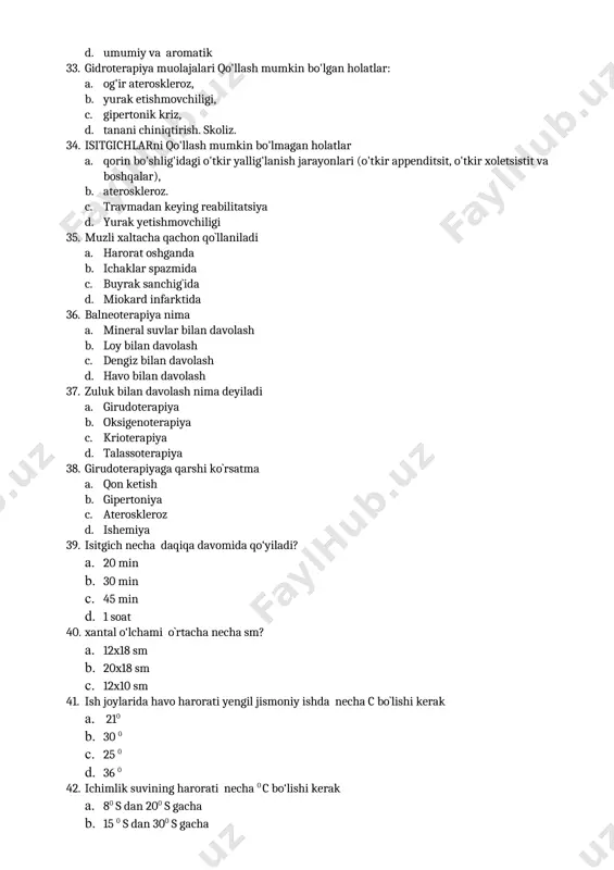 n yuqori bo‘lmagan ko‘chma elektr yoritqichlar ishlatilishi kerak a. 36 v b. 40 v c. 220 v d. 280 v 44. ish joylarida havo harorati o‘rtacha og‘ir ishda necha 0c dan past bo‘lmasligi kerak a. 170 c va 21 0 c b. 150 c va 25 0 c c. 100 c va 30 0 c d. 250 c va 30 0 c 45. asbob-uskunalar va inshootlar (bunkerlar, quduqlar, bug‘lantirish kameralari va boshqalar)ning ichki sirtini yoritish uchun ko‘chma elektr yoritqichlarning kuchlanishi necha v dan oshmasligi kerak a. 12 v b. 20 v c. 36 v d. 220 v 46. xodimlarining isinishi uchun xonalarda harorat necha 0 c dan kam bo‘lmasligi kerak. a. 220 b. 250 c. 360 d. 10 0 47. ko‘chirib yuriluvchi yoritqichlar nimalar bilan jihozlangan bo‘lishi lozim a. shishali himoya qopqoqlari va metall to‘r b. uglerod himoya qopqoqlari va to‘r c. shishali himoya qopqoqlari va shisha tolali to‘r d. …