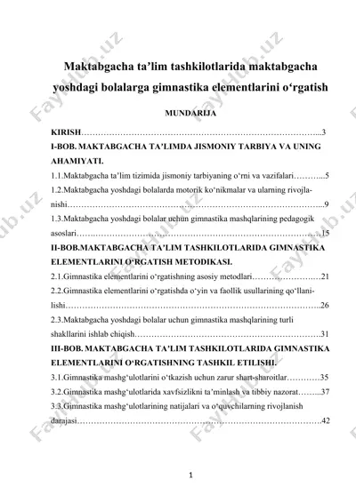 maktabgacha taʼlim tashkilotlarida maktabgacha yoshdagi bolalarga gimnastika elementlarini oʻrgatish — DOCX
