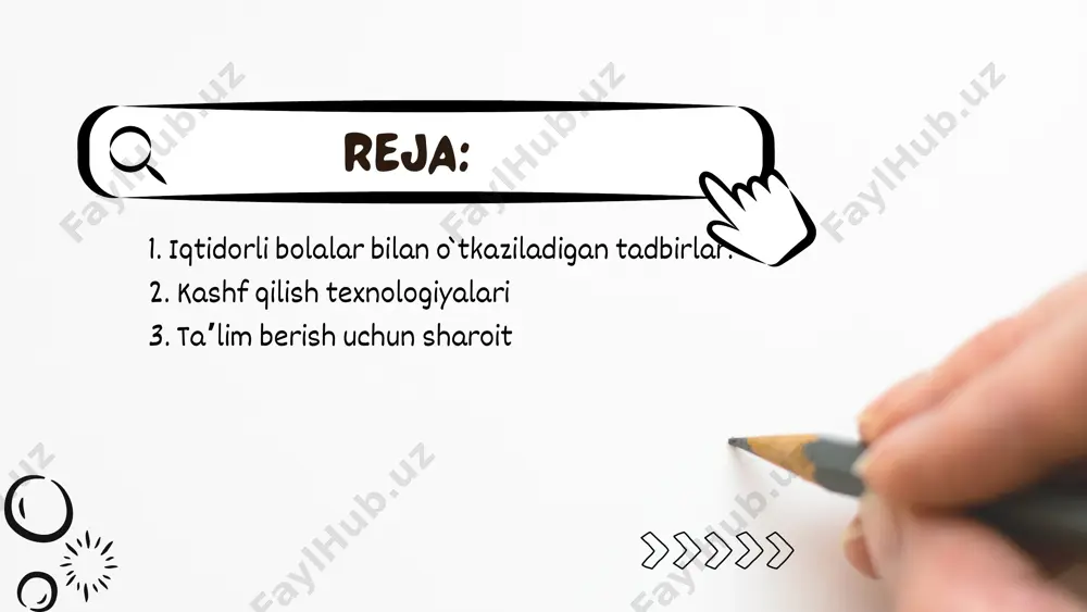 ste’dodli bolalar (maxsus tayyorlangan rejalar, dasturlar va ilmiy asoslangan uslubiyat va hokazo bo’yicha) bilan ishlash uchun ixtisoslashgan muassasalarning yagona tarmog’ini targ’ib etishga; - ommaviy o’quv yurtlarida iste’dodli bolalar bilan ishlash uchun zarur o’quv-dasturiy qo’llanmalarini ishlab chiqishga; - joylarda mahsus guruhlar tomonidan ishlab chiqilgan xalq ta’limi, davlat va jamoat muassasalari, ijodiy uyushmalar tomonidan tasdiqlangan dasturlarga (bu dasturlarda iste’dodli bolalar bilan ishlashning istiqbollari va bosqichlari, o’z xududida bunday faoliyat va ko’pgina boshqa tadbirlar uchun mablag’ ajratish ularni ta’minlashga); - qo’yilgan vazifalarni hal qilishga keng jamoatchilik diqqatini jalb qilishga, respublika metodik kengashining tuzilishiga (bu kengash tarkibiga xalq ta’limi, oliy va o’rta maxsus ta’lim vazirliklari, xalq ta’lim boshqaruv organlari xodimlari, yetakchi olimlari va mutaxassislari, ijodiy uyushmalar, amaliyotchi o’qituvchi, maktabdan tashqari ta’lim muassasalari to’garak raxbarlari kiradilar); bu — ko‘pchilik o‘qituvchilar oldida muammo bo‘lib kelayotgan savol. har bir sinfda iqtidorli bolalar bor. u qanday bola? iqtidorli o‘quvchi bilan qanday ishlash kerak? iqtidorli bola — ziyrak, qiziqqon, …