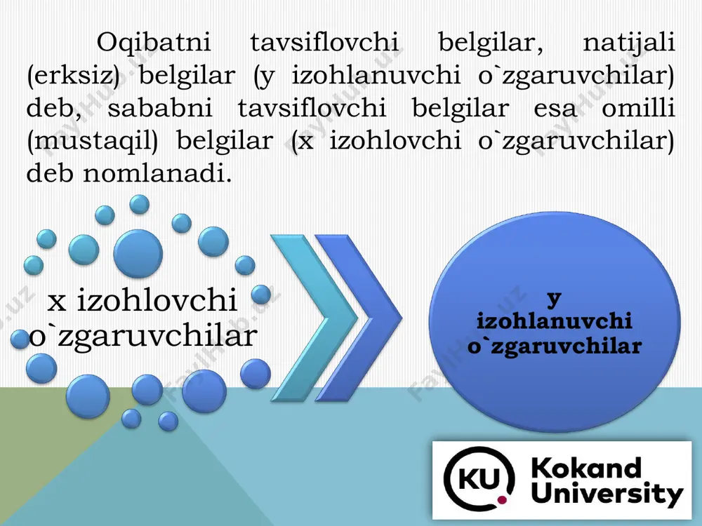 an ifodalanadi). egri chiziqli funktsional va korrelyatsion bog`liqlik-omil miqdorining ortishi bilan natijaviy omil miqdorining ortishi (yoki kamayishi) bir me'yorda yuz bermaydi (egri chiziqlar tenglamalari bilan ifodalanadi). modelga kiritilgan omillarning soniga karab korrelyatsion bog`liqliklar bir omilli (juft) korrelyatsion bog'liqliklar bir belgi-omil bilan natijaviy omil o`rtasidagi bog'liqlik ( boshqa omillarning ta'siri mavxumlashganda) hisoblanadi. ko`p omilli (ko`plik) korrelyatsion bog`liqliklar esa bir necha omillar (belgilar) bilan natijaviy omil (belgi) o`rtasidagi bog`liqlik (omillar birgalikda, ya'ni bir vaqtning o`zida va o`zaro bog`liqlikda ta'sir ko`rsatadi). korrelyasion tahlilda korrelyasiya koeffisientlarini aniqlash va ularning muhimligini, ishonchliligini baholashga asoslanadi. chiziqli korrelyasiya koeffisientining hisoblash formulasi: yx yx yxyx r   − = ( ) n xx n i i x  = − = 1 2  ( ) n yy n i i y  = − = 1 2  korrelyatsiya koeffisientini o'zgarish intervallari va baholanishi ➢ korrelyasiya koeffisienti (r) -1 dan +1 oralig'ida bo'ladi. ➢ agar r= …