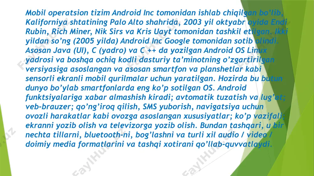 d-ga asoslangan mobil operatsion tizim. bu android-dan ajratilgan, demak u aslida ishlab chiquvchilar android-ning dasturiy ta’minot paketidan manba kodining nusxasini olib, mustaqil ravishda unga asos solish natijasida ishlab chiqarilgan alohida dasturiy ta’minotdir. fire os nima uchun asosan c (yadro), c ++ va java (ui) da yozilishini tushuntiradi. fire os moslashtirilgan foydalanuvchi interfeysi va amazonning o’z do’konlari va xizmatlarida mavjud bo’lgan tarkib bilan mustahkam aloqalar bilan tarkibni iste’mol qilishga qaratilgan. boshqacha qilib aytganda, fire os amazon appstore, amazon video, amazon mp3 & audible va kindle store kabi amazon xizmatlari orqali mavjud bo’lgan tarkibni taniqli reklama qilish uchun mo’ljallangan moslashtirilgan foydalanuvchi interfeysidan foydalanadi. eng so’nggi versiya – 8-avlod qurilmalari uchun fire os 6.3.0.1. yaqinda ochiladigan ochiq manbali mikrokernelga asoslangan tarqatiladigan operatsion tizim harmonyos xitoyning huawei kompaniyasi tomonidan ishlab chiqilmoqda. u joriy yilning 9-avgustida (2019) ishga tushirilgan. dastlab ushbu operatsion tizim android-ning o’rnini bosuvchi sifatida keng qo’llaniladi, ayniqsa google huawei-ning android litsenziyasini to’xtatishi …