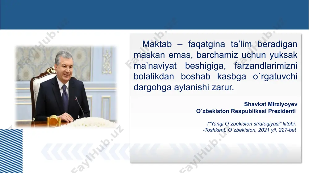 rni qayta tayyorlash va ularning malakasini oshirish maktabdan tashqari ta’lim ta’lim shakllari ishlab chiqarishdan ajralgan holda ta’lim olish (kunduzgi); ishlab chiqarishdan ajralmagan holda ta’lim olish (sirtqi, kechki, masofaviy); dual ta’lim; oilada ta’lim olish va mustaqil ta’lim olish; katta yoshdagilarni o‘qitish va ularga ta’lim berish; inklyuziv ta’lim; eksternat tartibidagi ta’lim; mudofaa, xavfsizlik va huquqni muhofaza qilish faoliyati sohasida kadrlar tayyorlash. ta’lim sohasidagi asosiy prinsiplar ta’lim ustuvorligining tan olinishi ta’lim olish shaklini tanlash erkinligi; ta’lim sohasida kamsitishlarga yo‘l qo‘yilmasligi ta’lim olishga doir teng imkoniyatlarning ta’minlanishi ta’lim va tarbiyaga milliy hamda umuminsoniy qadriyatlarning singdirilganligi ta’lim va tarbiyaning insonparvarlik, demokratik xususiyati ta’limning uzluksizligi va izchilligi o‘n bir yillik ta’limning hamda olti yoshdan yetti yoshgacha bo‘lgan bolalarni bir yil davomida umumiy o‘rta ta’limga tayyorlashning majburiyligi ta’lim sohasidagi asosiy prinsiplar davlat ta’lim standartlari va davlat ta’lim talablari doirasida ta’lim olishning hamma uchun ochiqligi; o‘quv dasturlarini tanlashga doir yondashuvning yagonaligi va tabaqalashtirilganligi insonning butun hayoti davomida ta’lim …