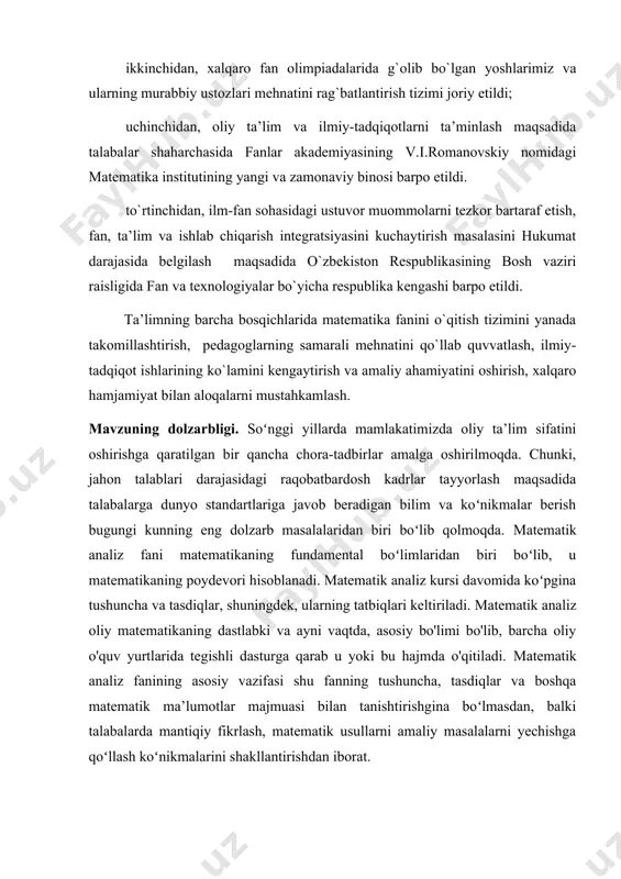 o’plamda integrallanuvchi {} funksiyalar ketma-ketmaligi f funksiya o’sha to’plamda tekis yaqinlashsin. u holda f funksiya ham e to’plamda integrallanuvchi bo’lib tenglik bajariladi. i( (3) va (4) ga ko’ra s(f,p)(f,p). bundan talab qilingan 2 tenglikning kelib chiqishi aniq. eslatma-1. odatda 1 va 2 tengliklarni quyidagi (5) formula ko’rinishda yoziladi.etibor bering chap tomonda ikki karrali integral turibdi o’ng tomondagi integralni esa takroriy integral deyishadi. eslatma-2. agar f faunksiya 1-teoremaga shartlarini qanoatlantirsa ham har qanday qiymat uchun j)d integral mavjud bo’lsa uholda bu teoremadan quyidagi )d=)d tenglik kelib chiqadi. eslatma-3. (5) ning o’ng tomondagi takroriy integralning mavjudligining chap tomondagi ikki karrali integralning mavjudligi ,umuman aytganda kelib chiqmaydi. bunga misol tariqasida q={(x,y): 01, -11} to’rtburchak aniqlangan f(x,y)=yd(x) funksiya qaraylik bunda d(x) orqali odatdagidek direxle funksiyasi belgiladik . f(x,y) funksiya q to’g’ri to’rtburchak integrallanuvchi emas ammo uchun 5 o’ng tomoni takroriy integral mavjud hamda nolga tengligini tekshirish qiyin emas. 2-teorema . faraz qilaylik funksiya [a,b] …