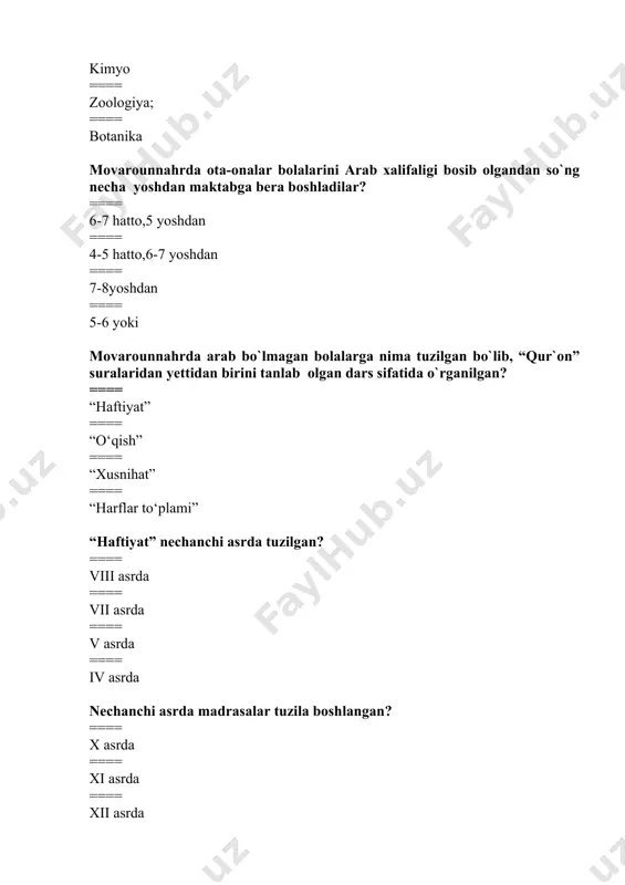 == shaxslararo munosabatning doirasi kabi omillarning bir-birini boyituvchi va muvofiq kelishdir pedagogik jarayon bu? ==== ma’lum bir maqsadga yo’naltirilgan kattalarning pedagogik faoliyati ta’sirida tashkiliy shakllantirilgan va mazmunan boyitilgan hamda tarbiyachining yo’naltiruvchi va olib boruvchi rahbarlik roli natijasida bolaning o’z-o’zini taraqqiy ettirishdir ==== maxsus tashkil etilgan sistema, bolalar muhitida muloqot olib borish jarayoni ==== shaxsning qiziqishlari, ehtiyojlaridan kelib chiqib tashkil etilgan jarayon ==== o’quvchi shaxsini har tomonlama rivojlantirshga qaratilgan jarayon “didaktika” so’zining ma’nosi to’g’ri ko’rsatilgan qatorni toping. ==== yunoncha didaktikos “o’rgatuvchi”, didasko “o’rganuvchi”, ya’ni ta’lim nazariyasi ==== inglizcha, ta’lim beruvchi ==== tarbiya nazariyasi, grekcha “tarbiyalash” ==== yunoncha didaktikos “tarbiyalovchi” didaktika qanday masalalarni tadqiq etadi ==== ta’limning nazariy jihatlari, ta’lim jarayonining mohiyati, qonun va qonuniyatlari, tamoyillari, o’qituvchi va o’qituvchi faoliyati, ta’limning maqsadi, mazmuni, shakl, metod, vositalari, natijasi, ta’lim jarayonini takomillashtirish yo’llari kabi masalalarni tadqiq etadi ==== ta’limning amaliy jihatlari, ta’lim jarayonining mohiyati, qonun va qonuniyatlari, tamoyillari, o’qituvchi va o’qituvchi faoliyati, ta’limning maqsadi, …