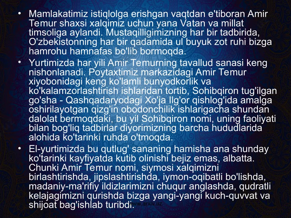 ganlarini his etganlar. sohibqiron savdo-iqtisod munosabatlari orqali xalqlar va mamlakatlar o'rtasida yagona makon barpo etish sohasida shunday yutuqlarga erishganki, bunga qoyil qolmasdan ilojimiz yo'q. www.arxiv.uz www.arxiv.uz www.arxiv.uz www.arxiv.uz temur barpo etgan buyuk saltanat o'sha davrdan boshlab nafaqat qo'shni mamlakatlar va ularning boshliqlarini, balki uzoq yurtlar hukmdorlarini ham o'ziga jalb etib kelgan. tarixiy hujjatlarning dalolat berishicha, xiv asrning 70-yillaridanoq yevropa davlatlari vakillari turkistonga kelib, bu erdagi yangi, mustaqil davlatning qudrati va salohiyati bilan jiddiy qiziqishgan. sohibqiron ham o'z navbatida, ayniqsa, qudratli saltanat shakllangach, o'sha davrning deyarli barcha taniqli davlatlari va ularning hukmdorlari bilan faol diplomatik aloqalar o'rnatgan. turli davlatlarga o'z elchilarini yuborgan, shuningdek, uning huzuriga yo'llangan chet ellar elchilarini qabul qilgan. www.arxiv.uz www.arxiv.uz amir temur kastiliya va leon qiroli don enrike iii (ayrim manbalarda – ispaniya qiroli genrix iii), fransiya hukmdori sharl vi (ayrim manbalarda – karl vi), angliya qiroli genrix iv saroylariga elchilar yuborib, mutanosib ravishda ispaniyalik, fransiyalik, angliyalik, xitoylik …