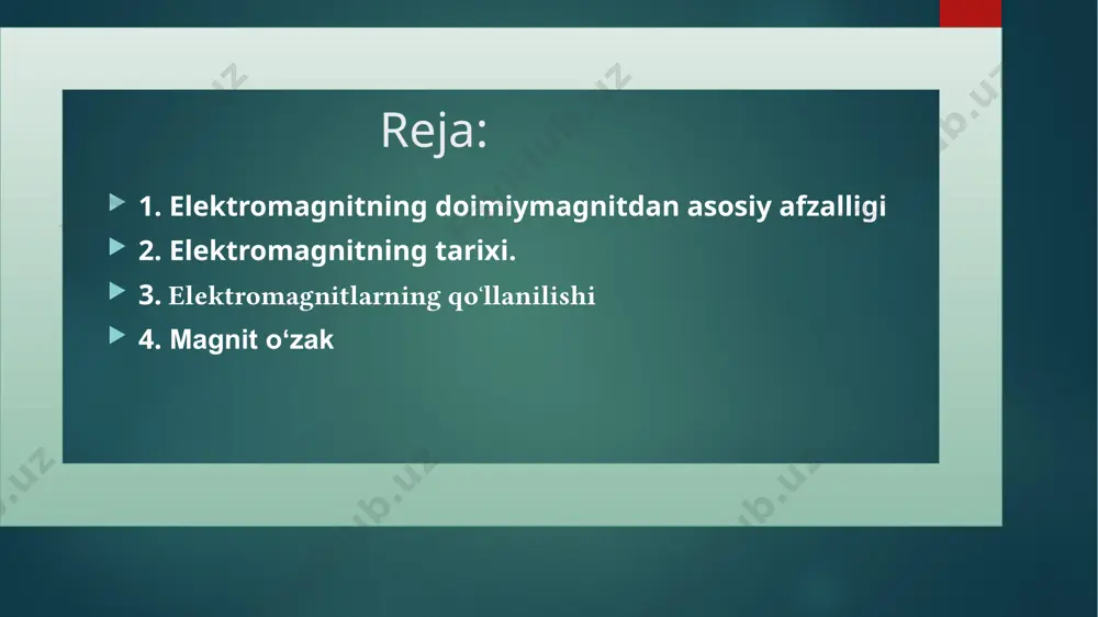 qildi. uning birinchi elektromagniti taqasimon temir boʻlagi boʻlib, u taxminan 18 oʻram mis sim bilan oʻralgan edi (oʻsha paytda izolyatsiyalangan sim yoʻq edi). temir taqa esaa izolyatsiya qilish uchun laklangan edi. gʻaltakdan tok oʻtkazilganda, temir magnitlangan boʻlib, boshqa temir boʻlaklarini oʻziga tortdi; tok toʻxtatilganda, u magnitlanishni yoʻqotdi. sturgeon oʻz tajribasida, uning ogʻirligi bor-yoʻgʻi yetti unsiya (taxminan 200 gramm) boʻlgan elektromagnit bilan toʻqqiz funt (taxminan 4 kilogramm) vaznni koʻtarishi mumkinligini koʻrsatdi. biroq, sturgeon magnitlari zaif edi, chunki u ishlatgan izolyatsiyalanmagan sim faqat yadro atrofidagi bir oraliq qatlamga oʻralgan boʻlib, oʻramlar sonini cheklab qoʻygan. elektromagnitlarning qoʻllanilishi portativ elektromagnitlar dastlab materialni faqat bir joyda ushlab turish uchun moʻljallangan; misol koʻtaruvchi magnitdir. tortishuvchi elektromagnit kuch taʼsirida biror narsani harakatga keltiradi. temir parchalarini koʻtaruvchi sanoat elektromagniti, 1914 yil elektromagnitlar elektr va elektromexanik qurilmalarda juda keng qoʻllaniladi, jumladan: dvigatellar va generatorlar transformatorlar relelar elektr qoʻngʻiroqlari va signallari dinamiklar va naushniklar valflar kabi aktuatorlar sim orqali oqim …