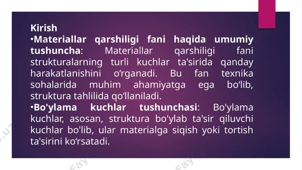 a'sir qilayotgan kuchlar berilgan bo‘lsa, bo‘ylama kuchlarning epyuralarini qanday qurish mumkinligi haqida aniq misol. har bir qadamni ko‘rsatish: bo'ylama kuchlarni aniqlash, epyurani chizish. bo‘ylama kuchlar epyuralarining ahamiyati loyihalashda qo‘llanilishi: inshootlarni loyihalashda bo‘ylama kuchlarning taqsimlanishini tahlil qilish katta ahamiyatga ega, chunki bu inshootning barqarorligi va xavfsizligini ta’minlaydi. stress va deformatsiyalarning oldini olish: bo'ylama kuchlar tahlili orqali stress va deformatsiyalarni oldindan aniqlash va ularni bartaraf etish imkonini beradi. xulosa bo'ylama kuchlar va ularning epyuralarini tahlil qilish materiallar qarshiligi fanining asosiy qismidir. bu bilim struktura tahlili va uni mustahkam va bardoshli qilishda katta rol o‘ynaydi. image1.jpeg image2.png image3.png image4.png /docprops/thumbnail.jpeg