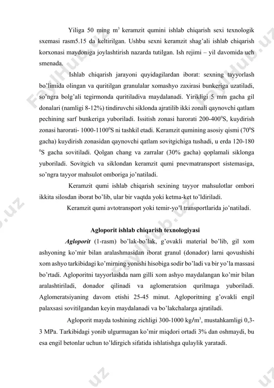 lda gilni qo’shish zarur. agloporit ishlab chiqarishni ko’mir qazish va ko’mirni boyitishda chiqadigan chiqindilar asosida kengaytirish mumkin. ularda ko’mir miqdori o’rtacha 20% ni tashkil etadi. bu yoqilg’ilarni qo’llab agloporit tanarxini 30% ga kamaytirish mumkin. dunyo statistik malumotlariga ko’ra polshada ko’mir chiqindilaridan eng ko’p foydalanilar ekan, bunda ko’mir qazish chiqindilarining 17% va ko’mir boyitish chiqindilarining 95% dan ko’pi ishlatiladi. agloporit ishlab chiqarishning texnologik asoslari agloporit xomashyoni pishirishda (aglomeratsiya) olinadi. bu usul ko’proq metallurgiya sanoatida rudani qayta ishlashda qo’llaniladi. pishirish jarayoni quyidagilardan iborat bo’ladi: xomashyo materiallardan yoqilg’i (ko’mir) qo’shib granulalar tayyorlanadi va kolosnikli panjaraga yotqiziladi. rasm -2. tarelka tipidagi granulyatorning ishlash sxemasi: a-komplekt asbob-uskunalarning ko’rinishi; b-aylanuvchi chashkaning yuqoridan ko’rinishi; 1- qabul bunkeri; 2- ta’minlovchi; 3- bunker;4suv(qorishma) uchun sig’imli idish; 5 – chashka; 6- chashka tagini tozalovchi pichoq; 7- ortish joyi; 8- suv(qorishma)ni to’kish forsunkasi; 9- tayyor granulalarni tushirish joyi. panjara ostida vakumkamerada ventilyator yordamida xavo so’rilib yarim xomashyoni kuydirish tezlatiladi. ko’mirning yonishi …
