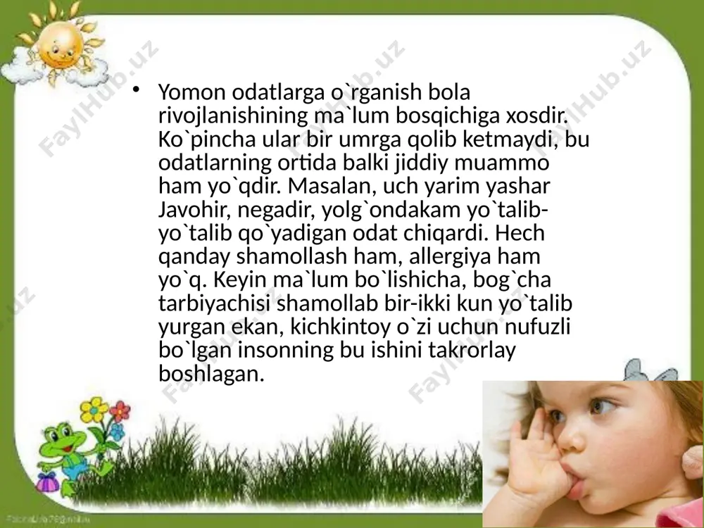adan so‘ng, kechqurun – uyqudan oldin tozalash kerakligi uqtiriladi. bola 4 yoshga kelib tish cho‘tkasi yordamida hamma guruh tishlarini old va orqa sohalarini vertikal hamda gorizontal harakatlar bilan tozalashni o‘rganishi zarur. ularga 4–5 yoshida og‘iz bo‘shlig‘ining gigiyenasini individual tarzda olib borish kerakligi tushuntiriladi hamda kuniga ikki marta tish va tishlarning chaynov sohasini “supuruvchi” harakatlar bilan tozalash ko‘nikmalari hosil qilinadi. 5–6 yoshli bolalarga har faslda (har 3 oyda) tish cho‘tkasini majburiy almashtirib turish hamda ularda mikroblar haqidagi tasavvurni shakllantirish kerak. xulosa ko`rib o`tganimizdek, yomon odatlar shunchaki paydo bo`lib, keyin o`z-o`zidan yo`qolib ketadigan, ya`ni jiddiy bo`lmagan yoki aksincha, bolaning ichki olamidan, undagi xavotir va bezovtalikdan xabar beradigan jiddiy turlarga bo`linadi. bolangizdagi odat qaysi turga mansubligini aniqlash uchun avval yaxshilab tashxislash ishlarini o`tkazing, ya`ni unga e`tibor va mehr etarli darajadami yoki yo`q, shuni tekshiring. keyin o`zingiz, jiddiy hollarda esa mutaxassis yordamida sabablarni bartaraf etishga kirishing. image2.jpeg image3.jpeg image4.jpeg image5.jpeg image6.jpeg image7.jpeg image8.png image9.gif …