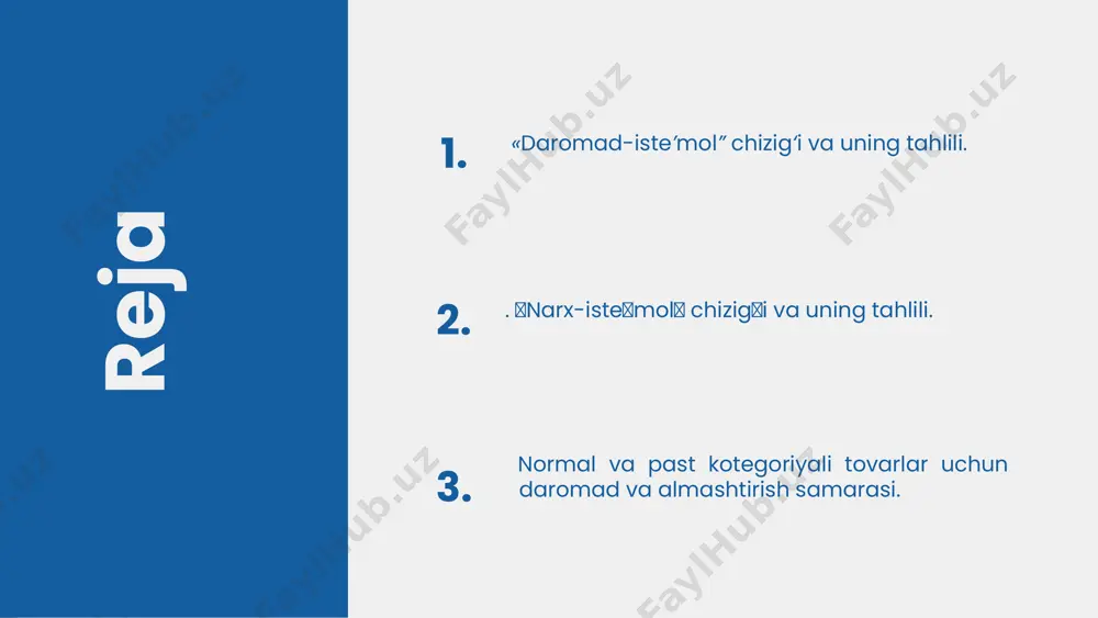 byudjet chizigini ab holatdan ab1, ab2 va ab3 holatlarga siljitadi. «narx-iste’mol” chizig‘i talab chizig‘i masalan, x tovar olma, y tovar apelsin bolsin. (a) rasmda apelsin narxi o’zgarmaydi, olma narxi pasayib bormoqda. natijada byudjet chizigining y o’q bilan kesishgan nuqtasi o’zgarmaydi, x o’q bilan kesishgan nuqtasi o’ng tomonga surilib boradi. olma narxini tushishi real daromadni oshiradi, natijada iste′molchi olma narxi oshmasdan oldin xarid qilolmagan apelsin va olma majmualarini endi sotib olishi mumkin bo’ladi. step 2 iste′molchi endi bir birlik qo’shimcha olma olish uchun, oldingidan kamroq miqdordagi apelsindan voz kechadi. masalan, bitta apelsin narxi 2000 som va bitta olma narxi 1000 som bo’lsa, bitta apelsinga yarimta olma tog’ri keladi, bitta olma narxi 500 somga tushsa, qoshimcha bitta olma olish uchun 1/4 qism apelsindan voz kechishi kerak. olma narxining pasayishi, ma′lum miqdordagi olmani apelsin bilan almashtirish imkoniyatini yaratadi. natijada optimal majmua (apelsin va olmaning optimal miqdori) e nuqtadan yuqoriroq naflik darajasiga ega bo’lgan …