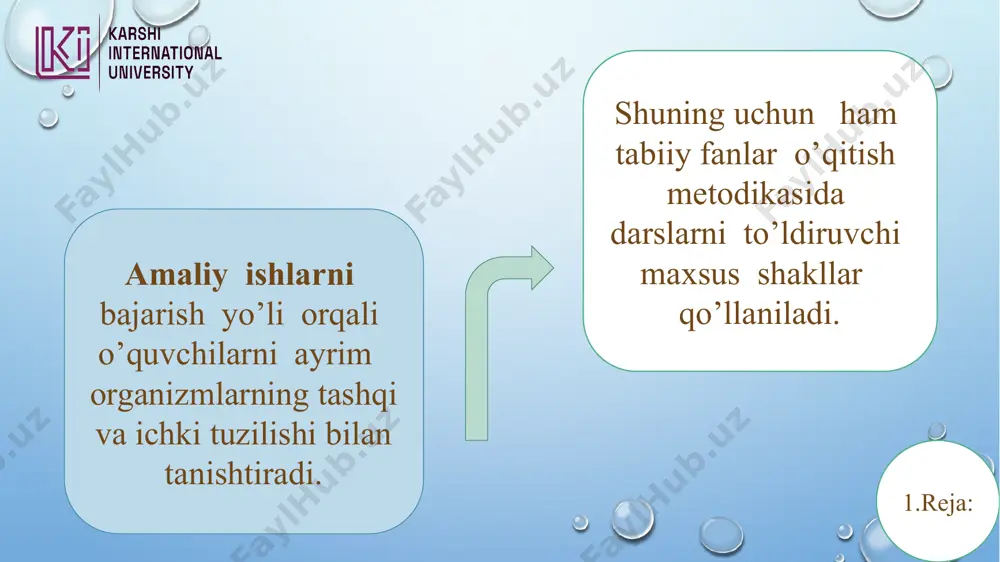 dagilar keradi: cheklangan o‘quvchilar doirasida olib boriladigan to‘garak ishlari kirib, guruh mashg‘ulotlariga yosh geograflar, yosh tabiatshunoslar kabi klub ishlari kiradi. ommaviy sinfdan tashqari ishlarga qo’yidagilar keradi: ko‘plab o‘quvchilarni qamrab oluvchi ommaviy ishlar, tadbirlar kiradi. o‘quvchilarda tabiiy va ijtimoiy-iqtisodiy obyekt, jarayon va hodisalar, tabiiy resurslardan oqilona foydalanish tushunchalarni shakllantirish, tahliliy fikrlashga o‘rgatish, olgan nazariy bilimlarini amalda qo‘llash ko‘nikmalarini rivojlantirishdan iborat. “tabiiy fanlar” ni o‘qitishning asosiy maqsadi: 3.reja: - joy nomlari va atamalarni to‘g‘ri qo‘llash ko‘nikmalarini shakllantirish; - hozirgi zamon jamiyat va tabiat o‘rtasidagi o‘zaro munosabatlarining mohiyati va xususiyatlari to‘g‘risida tasavvur hosil qilish, yosh avlodning ekologik madaniyatini, milliy boyliklarga nisbatan tejamkorlik munosabatini o‘stirish; -o‘quvchilarni vatanga mahabbat, milliy iftihor, fuqarolik mas’uliyati ruhida tarbiyalash. “tabiiy fanlar” ni o‘qitishning asosiy vazifalari: 1 - sinf “tabiiy fanlar” (68 soat) 1- bob. atrofimizdagi olam (4 soat) kirish. atrofimizdagi olam. 1-mavzu. men izlanuvchiman. 2-mavzu. jonli va jonsiz tabiatni o‘rganamiz. 3-mavzu. tirik organizmlar oziqlanadi, nafas oladi, harakatlanadi, o‘sadi va …