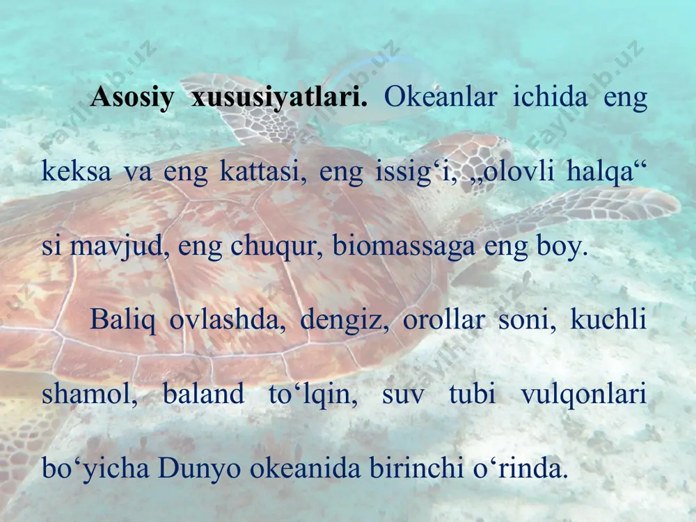 va halokatli zilzilalar, vulqon harakatlari takrorlanib turadi. okean shelfida daryo va to‘lqin yotqiziqlari, organik jinslar, okean tubida qizil gilli jinslar eng ko‘p tarqalgan. tinch okeanda mineral boyliklar juda ko‘p. okean tubi relyefi. okean tubi relyefi juda murakkab tuzilgan. bu yerda dengiz sayozligi kam, 1,7 % maydonni egallaydi. sayozlik faqat bering, oxota, sariq va sharqiy xitoy dengizlarida mavjud. materik yonbag‘irlari tik zinapoyalar hosil qiladi. okean tubi 62,6 % maydonni egallagan. bu yerda tog‘ tizmalari, cho‘kmalar, tekisliklar, botiqlar ko‘p tarqalgan. (ularni xaritadan toping). òinch okeanda minglab kilometr masofaga cho‘zilib yotgan eng chuqur cho‘kmalar ham bor. * bular mariana (11 022 m), tonga (10 882 m), kermadek (10 047 m), kurilkamchatka (9 783 m), filippin, peru, chili va boshqa cho‘kmalar. dunyo okeanidagi chuqurligi 5 km dan ortiq bo‘lgan 35 ta botiqdan 25 tasi, chuqurligi 10 km dan ortiq bo‘lgan 5 ta botiqning barchasi shu okeanda joylashgan. iqlimi. tinch okean eng issiq okean bo‘lib, …