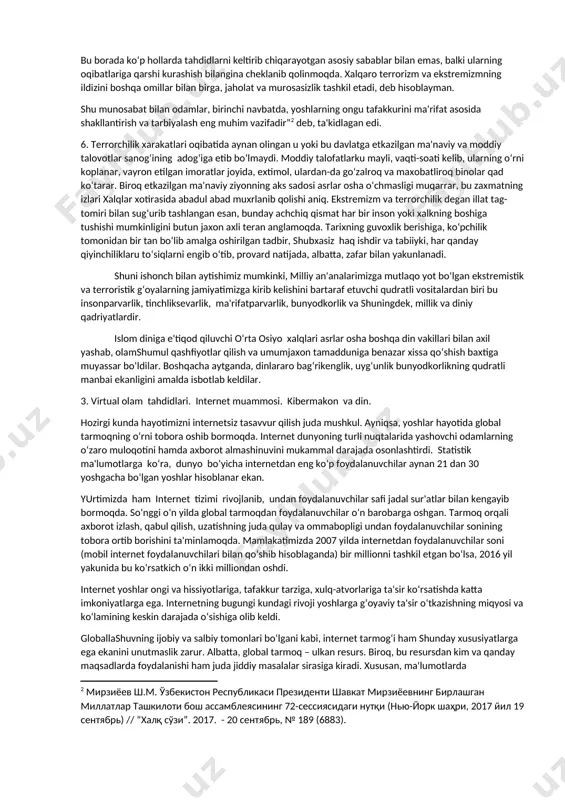 iladi. etnik terrorizm sub'ekti g‘oyaviy bo‘lmasdan, jamiyatning milliy va etnik jihatlari bilan uzviy bog‘liqdir. diniy terrorizm muayyan bir diniy sekta yoki guruh ta'limotining jamiyatda mutlaqlashtirilishi oqibatida paydo bo‘ladi. bunda ushbu g‘oya tarafdorlari boshqalar fikri va g‘oyalarini keskin tanqid ostiga olib, rad etadi va g‘oyaviy mafkuraviy parokandalikni keltirib chiqaradi. diniy terrorizmning xatarli jihati u qo‘llaydigan amaliy choralarda ko‘rinadi. chunki diniy terrorizm tarafdorlari aksariyat hollarda qo‘lida kurol va ba'zan harbiy guruhlarga tayanib harakat qiladi. bugungi kunda yadroviy, biologik, bakteriologik qurollarning terrorchilar qo‘liga tushib qolishi ehtimoli eng katta xavfdir. hozirgi tahlikali zamonda kishilar boshiga mislsiz kulfat solayotgan va ularning hayoti, farzandlari, mol-mulkiga tahdid qilayotgan jinoiy terrorizm kundan-kunga kuchayib bormoqda va jahon hamjamiyatida jiddiy xavotir uyg‘otmoqda. iqtisodiy manfaatlarni ko‘zlaydigan va moddiy boyliklarni o‘zlashtirishni maqsad qilib olgan bu terrorizm korruptsiya kabi katta jinoiy tizim bilan uzviy bog‘lanib ketgan. unda raqiblari yoki ularning yaqinlarini o‘ldirish, o‘g‘irlab ketish, zo‘ravonlik, tajovuz bilan qo‘rqitib, o‘z hukmini o‘tkazishga urinish, mol-mulkini …