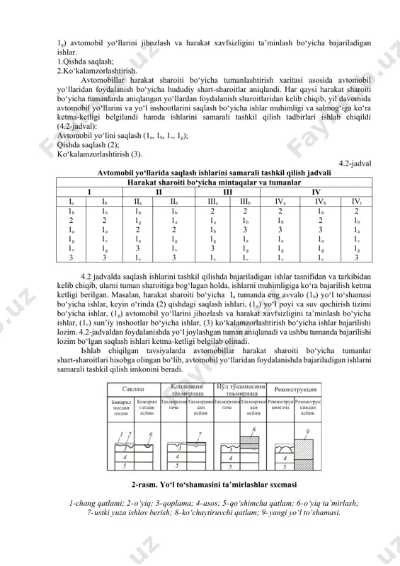 i-iv toifali yo‘llar uchun 4 m gacha va v toifali yo‘llar uchun 3,8 m gacha o‘lchamdagi transport vositalarini o‘tkazishga mo‘ljallangan. o‘lchamlari ushbu miqdorlardan oshadigan transport vositalari umumiy foydalanuvdagi avtomobil yo‘llaridan maxsus ruxsatnoma bo‘lganda va harakat xavfsizligi bo‘yicha alohida choratadbirlar ishlab chiqilgan hollardagina harakatlanishi mumkin. bugungi kungacha mavjud foydalanuvdagi i-iii toifali avtomobil yo‘llari asosan “a” guruh (100110 kn) va iv-v toifali yo‘llar “b” guruh (6070 kn) hisobiy yuklarga mo‘ljallangan. keyingi yillarda harakat jadalligining o‘sishi, respublikamiz hududi orqali xalqaro yuk tashuvchilarning tranzit harakatini yuzaga kelishi va avtomobillar parkidagi konstruktiv o‘zgarishlar natijasida yo‘llardagi oqim tarkibida o‘qqa tushadigan yuk miqdori 130 kn bo‘lgan hisobiy guruh avtomobillarining harakati kuzatilmoqda, bu esa yo‘l tuzilmasida ko‘plab buzilishlar sodir bo‘lishiga olib kelmoqda. natijada, mukammal ta’mirlashga bo‘lgan talab muddatidan oldinroq yuzaga kelmoqda. bu esa, amaldagi mavjud me’yorlarni qayta ishlash va takomillashtirishni talab qilmoqda. respublika bo‘yicha ta’mirlash ishlarining oqsashi, ishlar va materiallar sifatining pastligi mavjud muammoni chuqurlashtirmoqda. ta’mirlash ishlarini o‘z …