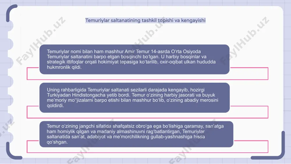 va adabiyotning gullab-yashnashiga olib keldi. 1 2 3 amir temur davridagi iqtisodiy siyosat va savdo amir temur davrida iqtisodiy siyosat imperiya iqtisodiyotini mustahkamlash uchun savdo va dehqonchilikni rivojlantirishga qaratildi. u savdoni osonlashtirish va iqtisodiy o'sishni oshirish uchun infratuzilma va savdo yo'llarini rivojlantirishni rag'batlantirdi. amir temur hukmronligi davrida imperiya dunyoning turli burchaklaridan kelgan savdogarlarni o‘ziga tortadigan yirik savdo markaziga aylandi. u qoʻshni davlatlar bilan savdo shartnomalari tuzib, iqtisodiy faoliyatning gullab-yashnashiga, tovar va gʻoyalar almashinuviga hissa qoʻshdi. amir temur iqtisodiy taraqqiyotni qo‘llab-quvvatlash va moliyaviy barqarorlikni ta’minlash maqsadida yangi soliq-byudjet siyosati va soliq tizimini joriy etdi. uning siyosati gullab-yashnayotgan iqtisodiyotga asos solib, imperiyani mintaqadagi savdo va savdoning mashhur markaziga aylantirdi. amir temurning oilasi va shaxsiy hayoti amir temurning oilaviy hayoti uning ko‘p turmush qurishi va ko‘p farzandli bo‘lishi bilan ajralib turadi. uning to'rtta xotini va ko'plab kanizaklari bor edi, natijada katta va xilma-xil oila paydo bo'ldi. ko'p sonli turmush qurishiga qaramay, u o'z …