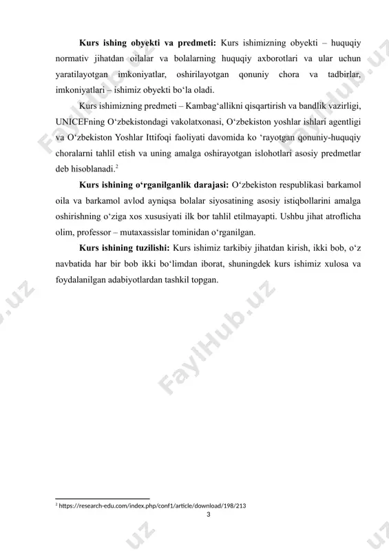 lishi: kurs ishimiz tarkibiy jihatdan kirish, ikki bob, o‘z navbatida har bir bob ikki bo‘limdan iborat, shuningdek kurs ishimiz xulosa va foydalanilgan adabiyotlardan tashkil topgan. i bob. o‘zbekiston respublikasidagi turli toifadagi oila va bolalarning huquqi 1.1. o‘zbekiston respublikasidagi turli toifadagi oila va bolalar oila a’zolari o‘rtasidagi munosabatlar axloq-odob va huquqiy qoidalar bilan tartibga solinadi. shuning uchun ham oila huquqi huquqning mustaqil sohasi bo‘lib, nikoh, qon-qarindoshlik, bolalarning nasl-nasabini belgilash, ota-ona qaramog‘idan mahrum bo‘lgan bolalarni joylashtirish shakllaridan kelib chiqadigan munosabatlarni huquqiy tartibga soladi. agar oila huquqi tushunchasiga muxtasar ta’rif berib aytadigan bo‘lsak, bu er-xotinlar, qarindoshlar, ota-onalar (farzandlikka oluvchilar) va bolalar o‘rtasidagi shaxsiy nomulkiy va ular bilan bog‘liq mulkiy munosabatlarni tartibga soluvchi huquq tarmog‘i hisoblanadi. shu ta’rifdan ham ko‘rinib turibdiki, oila huquqi fuqarolik huquqi bilan chambarchas bog‘liq bo‘lish bilan birga, farq qiluvchi xususiyatlarga ham ega. ya’ni: birinchidan, oilaviy munosabatlar fuqarolik huquqiga xos bo‘lmagan yuridik faktlar (nikoh, qarindoshlik, onalik, otalik, farzandlikka olish va hokazolar) …