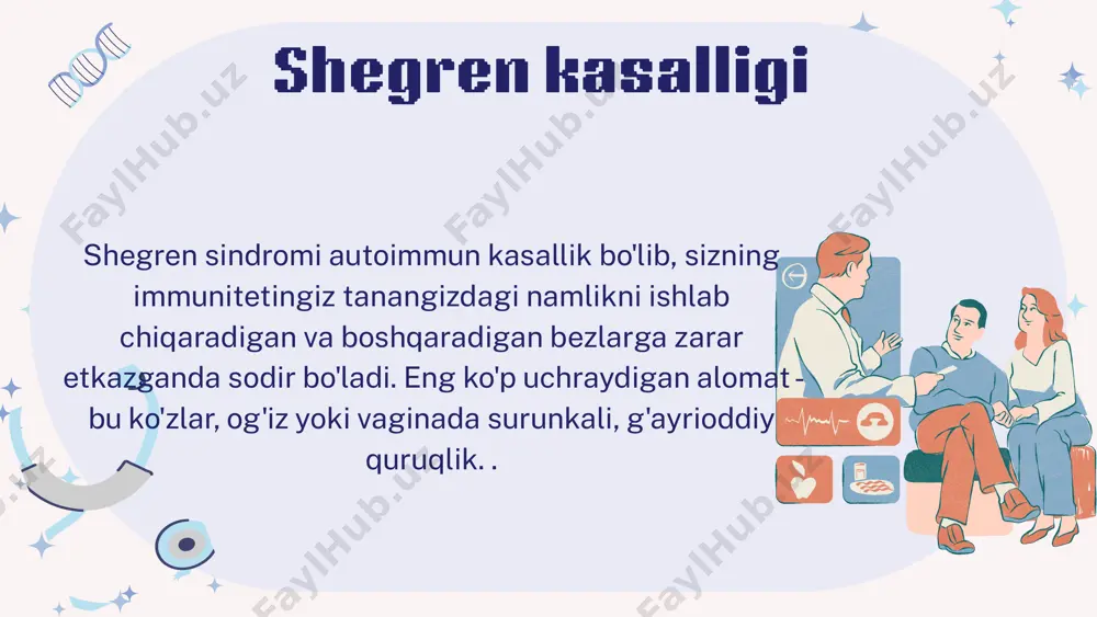 rga kelishi qon testlari ko'z tekshiruvi tishlarni tozalash va tekshirish siydik tahlili biopsiya rentgen siz bir nechta mutaxassislarni ko'rigidan o'tishingiz kerak bo'lishi mumkin, jumladan: revmatolog oftalmolog stomatolog otolaringolog tibbiy xizmat ko'rsatuvchi shifokor shegren sindromiga fizik tekshiruv va ba'zi testlar bilan tashxis qo'yadi. diagnostika va testlar sun'iy ko'z yoshlari : ko'zni parvarish qilish bo'yicha mutaxassisingiz ko'zingizni nam saqlash uchun retseptsiz (otc) ko'z tomchilari, retsept bo'yicha tomchilar yoki moylash materiallarini taklif qilishi mumkin. example 01 quruq ko'z jarrohligi (punktal tiqinlar): oftalmolog (ko'z jarrohi ) tabiiy ko'z yoshlaringizni ko'zingizda uzoqroq ushlab turish uchun ko'z yosh yo'llarining bir qismini yoki barchasini jarrohlik yo'li bilan yopishi mumkin. example 02 maxsus og'iz yuvish vositalari yoki stomatologik parvarishlash vositalari: shergen sindromi bo'lgan odamlarda tish sog'lig'i bilan bog'liq muammolar xavfi yuqori, shuning uchun sizga tez-tez tozalash, maxsus ftoridli muolajalar yoki retsept bo'yicha tish pastasi va og'iz yuvish kerak bo'lishi mumkin. example 03 gormon terapiyasi: ba'zi odamlar gormonal muvozanatdan …