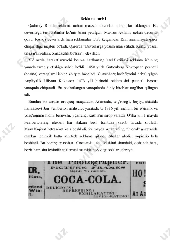 maydoniga ega bo’lgan virtual to’plamdan tashkil topgan. internet reklama internet reklama yoki internetda reklama internetga joylashtirilgan turli xil grafik va matnli reklama materiallarini o‘z ichiga oladi. internet reklama bozori 1990 yillarning o‘rtalarida shakllana boshlagan. butun jahon o‘rgimchak to‘rining rivojlanib borishi reklama sohasining takomillashuviga olib keldi. internet reklama bozori 1990 yillarning o‘rtalarida shakllana boshlagan. 2000 yillarga kelib internet iste’molchilar uchun ma’lumot almashishning asosiy eng asosiy vositasiga aylandi. · internet-reklama boshqa turdagi reklamalardan quyidagi jihatlari bilan ajralib turadi: · veb-muhitdagi reklama manzilli bo‘lib, reklamaning auditoriyasi sonini aniq bilish mumkin; · narx jihatdan arzon; · auditoriyaning tarkibi moddiy imkoniyatlarga ega bo‘lgan aholi qatlamidan iborat; · internetning o‘zida barcha savollarga javob olib, mijozlar bilan bevosita aloqaga chiqish usullari mujassam; · internetda tvdan farqli ravishda reklama vaqti chegaralanmagan; · internetda reklama qilinayotgan mahsulot yoki xizmatlar haqidagi barcha ma’lumotlarni o‘qish uchun qulay uslubda bera olish imkoniyati mavjud; · matn, rasm, ovoz, video va hokazolar bir vaqtning …