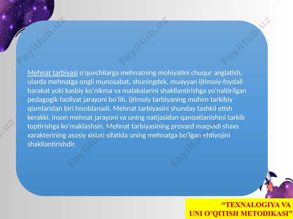 rbiya ishining mazmuni, tarbiyaviy tadbirlar ma‟naviy tarbiyaning kamol topishiga olib kelmoqda. “texnalogiya va uni o’qitish metodikasi” tarbiyaviy ishlarni tashkil etishda boy omil kichik maktab yoshdagi o‟quvchilarda milliy g‟urur, sharqona muloqot odobi, ma‟daniy, diniy g‟oyalarga to‟g‟ri munosabatda bo‟lish o‟zbek san‟ati, xalq yodgorliklarini tushunib va ardoqlashi kabi insoniy fazilatlarni shakllantiradi. ustoz o‟qituvchining bilish darajasi sharqona fikr yurita olishi bilan harakatning birligi sinf o‟quvchilarining o‟rganish va ularning ijobiy fazilatlarini takomillashtirish, salbiy xislatlarini yo‟qotishga imkon beradi. mustaqil diyorimizda birinchi marta tarbiyaviy ishlarni hisobga olgan holda sinfdan va maktabdan tashqari tarbiyaviy ishlarning milliy asoslarini hisobga olgan holda “sinfdan va maktabdan tashqari tarbiyaviy ishlar” buyruqnomasi ishlab chiqarildi. bir guruh olimlar va o‟zbekiston respublikasi xalq ta‟limi vazirligi xodimlari tomonidan ishlab chiqilgan “sinfdan va maktabdan tashqari tarbiyaviy ishlar yo‟riqnomasi” ham tarbiyaviy ishlarning nazariy va amaliy jihatdan to‟g‟ri rejalashtirish imkonini yaratadi. har bir insonning atrofini o‟rab turgan vositalar: oilasi, ota-onasi, san‟at, adabiyot va hokazolar tarbiyalaydi. o‟quvchi yoshlarning rivojlanish jarayonini …