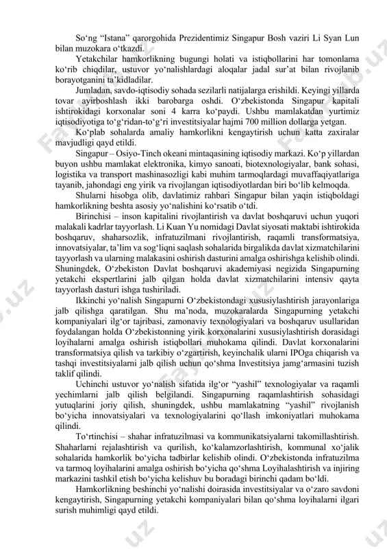 orxideyasi” deb yozilgan taxtachani joylashtirdi. ushbu ko‘rkam va yoyilib o‘suvchi gul encbi purple va kila blue orxideyalarining gibridi hisoblanadi. uzunligi 45 santimetr bo‘lgan qat-qat yaproqli qo‘shgullar, ularning har birida 17 tadan 20 tagacha gul hosil qiladi, har bir gulning eni 5 santimetr atrofida. och siyohrang barglar va kosachabarglarning cheti mayin binafsharang. shundan so‘ng prezidentlar ikki tomonlama uchrashuv o‘tkazdilar. o‘zbekiston va singapur o‘rtasidagi munosabatlarni yanada chuqurlashtirish istiqbollari, ijtimoiy-siyosiy hayotni demokratlashtirish borasidagi islohotlar yuzasidan fikr almashildi. ta’lim sohasida faol hamkorlik qilinayotgani mamnuniyat bilan qayd etildi. toshkentda singapur menedjmentni rivojlantirish instituti hamda singapur texnologiyalar, menedjment va kommunikatsiyalar akademiyasi muvaffaqiyatli faoliyat yuritmoqda. ikki mamlakatning markaziy va janubi-sharqiy osiyoda mintaqaviy hamkorlik va integratsiyani kengaytirish borasidagi tajribasi batafsil ko‘rib chiqildi. o‘zbekiston va singapur xalqaro maydonlarda mintaqaviy barqarorlik va izchil taraqqiyot masalalarida bir-birini anglashi va bu boradagi tashabbuslarni ilgari surishda o‘zaro ko‘maklashayotgani qayd etildi. uchrashuv yakunida hamkorlikning asosiy yo‘nalishlari belgilab olindi. shavkat mirziyov halima yaqubni o‘ziga qulay …