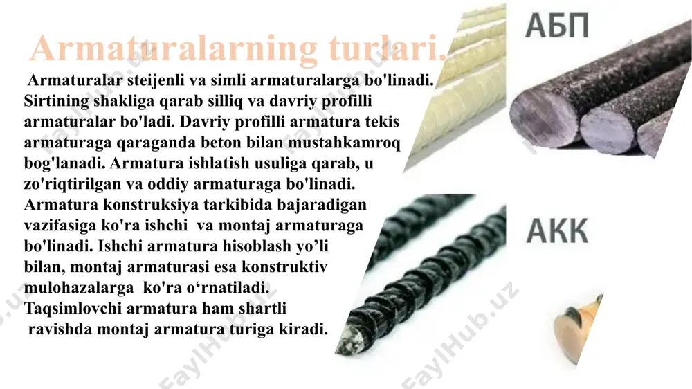 tilishiga yanada ta'sir qiladi. bundan tashqari, po'lat zang uning yuk ko'tarish qobiliyatini pasaytirish uchun po'lat va beton o'rtasidagi aloqani buzadi. shuning uchun, galvanizatsiya yoki epoksi qoplama keyingi korroziyani oldini olish uchun samarali bo'ladi. armaturaning sinfi va uning ko‘rsatkichlari — bu armatura po‘latining mustahkamligi, egiluvchanligi va ishlatilish sohasini ifodalovchi asosiy tavsifdir. har bir sinf ma’lum mexanik va fizik xususiyatlarga ega bo‘lib, temirbeton konstruksiyalar talabiga qarab tanlanadi. o‘zbekiston va mdh davlatlarida gost 5781-82 standartiga asoslangan quyidagi sinflar keng tarqalgan: a-i: silliq yuzali, oqish kuchi 240 mpa, yengil yukli konstruksiyalar uchun. a-ii: rebrali, oqish kuchi 300 mpa, nisbatan kuchli yuklar uchun. a-iii: rebrali, oqish kuchi 400 mpa, ko‘p qavatli binolar, ustunlar va nurlar uchun mos. a-iv: yuqori mustahkamlik, 600 mpa, sanoat inshootlari uchun. a-v: 800 mpa, katta yuk tushadigan konstruksiyalar uchun. a-vi: 1000 mpa, maxsus yukli va muhim obyektlar uchun. bu ko‘rsatkichlar ichida oqish kuchi (σᵧ) va cho‘ziluvchanlik eng muhimidir. yuqori sinf – …