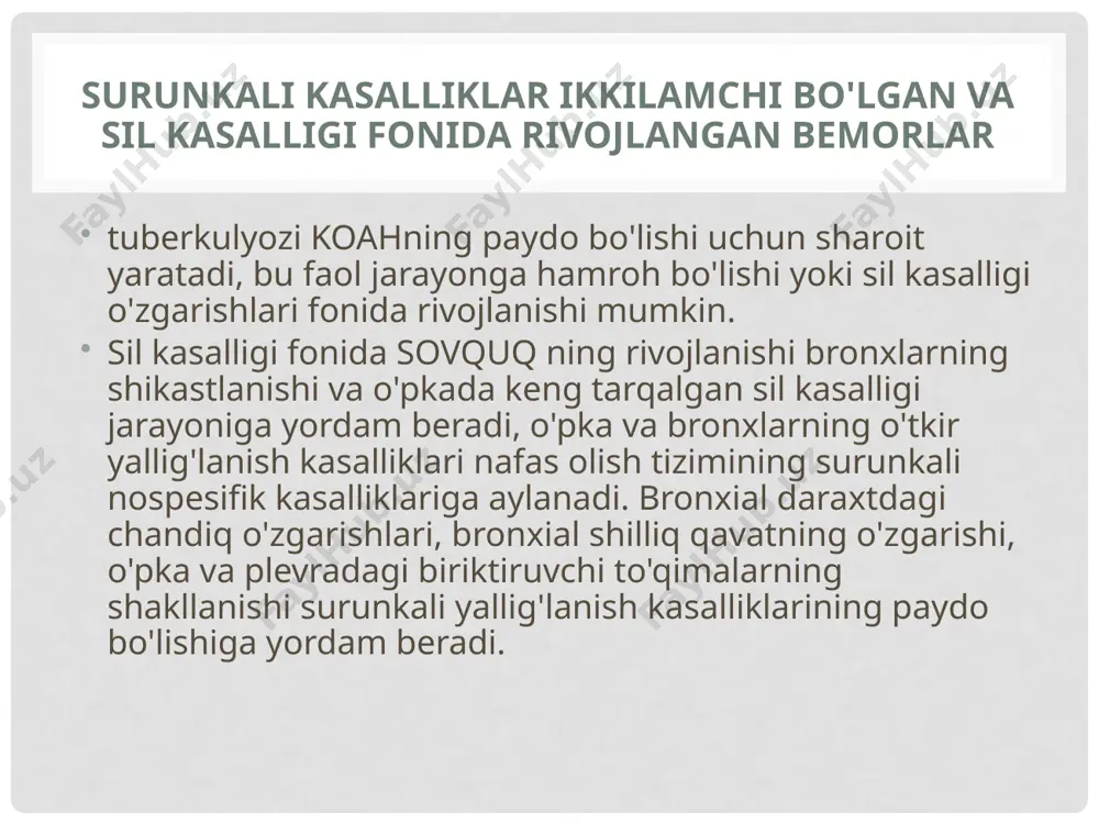 evra qoplamalari) e'tibor qaratish lozim. . 3. maxsus ko'rsatkichlar uchun sil kasalligidan keyingi o'zgarishlar va surunkali respirator kasalliklarga chalingan shaxslarni tekshirishning yanada murakkab usullaridan foydalanish kerak. bularga bronxlar patologiyasini aniqlash uchun diagnostik maqsadlarda ham, terapevtik maqsadlarda ham, ayniqsa ko'p miqdorda yiringli balg'amni chiqarishda buyuriladigan bronkoskopiya kiradi. 4. koahning kuchayishi davrida bemorlarning balg'amini o'ziga xos floraga tekshirish kerak. surunkali nonspesifik o'pka kasalliklari (cnld) - o'ziga xos yuqumli kasalliklar bilan bog'liq bo'lmagan balg'am ishlab chiqarish va paroksismal yoki doimiy nafas olish qiyinlishuvi bilan birga yo'talning rivojlanishi bilan tavsiflangan turli xil etiologiyali, patogenezi va morfologik o'pka kasalliklari guruhi. koah guruhiga surunkali bronxit, bronxoektaziya, surunkali obstruktiv o'pka amfizemasi, surunkali xo'ppoz, surunkali pnevmoniya, interstitsial o'pka kasalliklari, pnevmofibroz va pnevmosirroz kiradi. bir qator mualliflar koah guruhiga bronxial astma kiradi. havo o'tkazuvchi va nafas olish qismlarining shikastlanishining morfofunksional xususiyatlariga qarab , obstruktiv va cheklovchi koah ajralib turadi . obstruktiv o'pka kasalliklari bronxlarning drenaj funktsiyasining buzilishi va ularning …