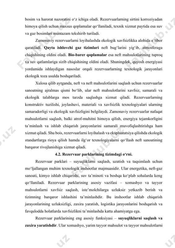 sh klapanlarini ishga tushiradi. gazlarni yig‘ish va qayta ishlash tizimlari esa neft bug‘larini to‘plab, ekologik xavfsizlikni oshiradi. shu bilan birga, katodik himoya tizimi rezervuarlarning metall devorlarini tuproqdagi elektrokimyoviy korroziyadan himoya qiladi. rezervuarlarni uzoq muddat samarali ishlatish uchun muntazam texnik xizmat ko‘rsatish zarur. bu jarayon ichki va tashqi tekshiruvlar, tozalash ishlari, bosim va harorat nazoratini o‘z ichiga oladi. rezervuarlarning sirtini korroziyadan himoya qilish uchun maxsus qoplamalar qo‘llaniladi, texnik xizmat paytida esa suv va gaz bosimlari muntazam tekshirib turiladi. zamonaviy rezervuarlarni loyihalashda ekologik xavfsizlikka alohida e’tibor qaratiladi. qayta ishlovchi gaz tizimlari neft bug‘larini yig‘ib, atmosferaga chiqishining oldini oladi. bio-barer qoplamalar esa neft mahsulotlarining tuproq va suv qatlamlariga sizib chiqishining oldini oladi. shuningdek, quyosh energiyasi yordamida ishlaydigan nasoslar orqali rezervuarlarning texnologik jarayonlari ekologik toza usulda boshqariladi. xulosa qilib aytganda, neft va neft mahsulotlarini saqlash uchun rezervuarlar sanoatning ajralmas qismi bo‘lib, ular neft mahsulotlarini xavfsiz, samarali va ekologik talablarga mos tarzda saqlashga xizmat qiladi. …