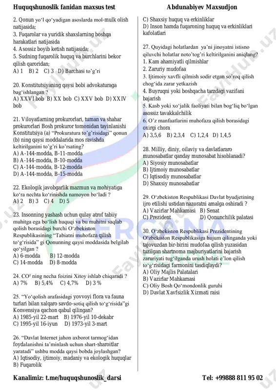 i asosida ma’lumotlarni aniqlang? 1. meros qoldiruvchining bolalari (shu jumladan farzandlikka olingan bolalari), eri (xotini) va ota- onasi (farzandlikka oluvchilar) teng ulushlarda qonun bo‘yicha birinchi navbatdagi vorislik huquqiga ega bo‘ladilar 2. meros qoldiruvchining vafotidan keyin tug‘ilgan bolalari ham birinchi navbatdagi vorislar jumlasiga kiradilar 3. meros qoldiruvchining tug‘ishgan amakisi, tog‘asi, ammasi va xolasi teng ulushlarda qonun bo‘yicha ikkinchi navbatdagi vorislik huquqiga ega bo‘ladilar 4. meros qoldiruvchining mehnatga qobiliyatsiz boqimlari, qonun bo‘yicha beshinchi navbatdagi vorislik huquqiga ega bo‘lishadi 5. agar biridan keyin boshqasi meros olishga haqli bo‘lgan shaxslar bir kalendar sutka (yigirma to‘rt soat) ichida vafot etgan bo‘lsalar, ular bir vaqtda vafot etgan deb hisoblanadilar a) 1-to’g’ri 2-to’g’ri 3-noto’g’ri 4-to’g’ri 5-to’g’ri b) 1-to’g’ri 2-noto’g’ri 3-noto’g’ri 4-to’g’ri 5-to’g’ri c) 1-to’g’ri 2-to’g’ri 3-to’g’ri 4-to’g’ri 5-noto’g’ri d) 1-to’g’ri 2-noto’g’ri 3-noto’g’ri 4-to’g’ri 5- noto’g’ri 14. o’zaro moslashtiring? a b c d 1. “barcha bolalar uchun” 2. moviy tusga kirgan 3. “farzandini ko‘tarib turgan ona” 4. “sut …