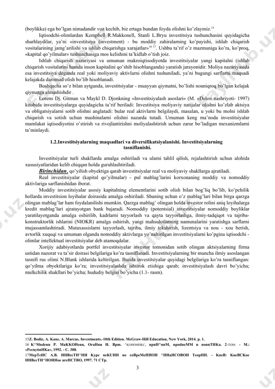 nurbekov o.sh. investitsiyalarni tashkil etish va moliyalashtirish. darslik. toshkent moliya instituti. - t.: iqtisod-moliya, 2014. - 23 b.] [6: hemhtoh a.c. hhbecrn^hh: ynedhhk. - 4-e h3g. - m.: «,3,amkob h k0», 2006. - c. 13.] investitsiya atamasining iqtisodiy mohiyati yana bir qator rus va o’zbek olimlari tomonidan quyidagicha tavsiflangan: · «investitsiyalar iqtisodiy foyda va ijtimoiy samara olish maqsadida investitsiya sohasi obyektlariga kiritiladigan barcha turdagi mulkiy va intellektual boyliklarni aks ettiradi»[footnoteref:7] [footnoteref:8]; [7: fflhmmnpt h.,3,., konhnebhh b.b., xonogoba e.h. cobpemehhaa hhbecth^hohhaa h hhhoba^hohhaa nohhthka rocygapctba : ynedho-metoghneckoe nocodne. - tomck: h3gatenbckhh ,3,om try, 2016. - c.12.] [8: 3afthpob h., hacupob ^., xahoba h., acamxog^aeba ffl. hhbecth^hh. yne^hoe noco6ne. - t.: iqtisod-moliya, 2019. - 448 c.] · «investitsiyalar deganda foyda (daromad) olish va investorlarning individual maqsadlari singari ijobiy ijtimoiy samaraga erishish maqsadida iqtisodiyotning turli tarmoqlari va sohalariga, tadbirkorlik va boshqa turdagi faoliyat obyektlariga muayyan muddatga kapitalning maqsadli n yo’naltirilgan qo’yilmasi shaklida amalga …