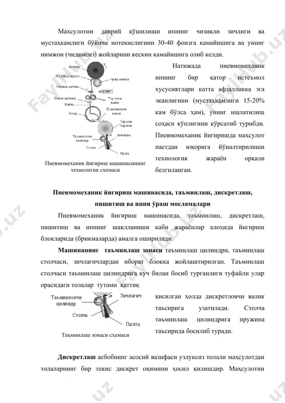 ади. бунинг учун камера ичидан ҳаво унинг ўрта қисмидаги конуссимон сиртда жойлашган тешиклар орқали махсус вентиляторлар ёрдамида сўрилади. шунинг учун ҳам толаларнинг дискрет оқими пневмоканал орқали ҳаво билан бирга камерага келиб тушаверади. йигириш камерасида икки технологик жараён – циклик ( даврий қўшиш) ва пишитиш кетма-кет содир бўлади. камеранинг ичига ташқаридан ип туширилса у дарҳол марказда қочма куч таъсирида камера сиртининг энг кенг диаметрли жойига боради. йигириш камерасининг ўз ўқи атрофида катта тезлик билан айланиши туфайли ипнинг учига толалар бирин-кетин чирмашиб илаша бошлайди ва ҳалқасимон пилта шу жойдан узилиб, пишитиш жараёни бошланади. 1 – толалар дискрет оқими, 2 – конфуззор, 3 – пилтача, 4 – 5 – шаклланган ипнинг ташқаридаги ва ичкаридаги қисмлари, 6 – тортувчи валиклар, 7 - ўровчи валик, 8 - калава ип пневмомеханик йигириш машинасининг ип ўраш қурилмаси - йигириш камерасининг ичида шаклланаётган ип тортувчи валиклар ёрдамида ўзгармас тезлик билан чиқариб олинади. ип ғалтакларга ўралаётганда унинг қалтак ўқи …