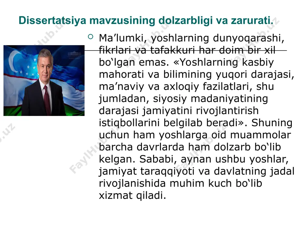 geografik joylashuvi, jahon sivilizatsiyasiga qo‘shgan hissasi, yoki boy tabiiy resurslari balki uning barkamol avlodni tarbiyalashdagi harakatlari va bu sohada erishayotgan yutuqlari sabab bo‘lmoqda. zero barkamol avlodni insoniyatning eng yorqin orzusi bo‘lib kelgan. biroq jahon xalqlarining barchasi ham bu haqda o‘ylayvermagan. dissertatsiya mavzusining dolzarbligi va zarurati. yoshlar tarbiyasi bilan bog‘liq ko‘p asrlik merosi bizning mavzumizga eng birinchi va asosiy asos bo‘ladi. hozirgi kunda globallashuv sharoitining salbiy va ijobiy jihatlarini o‘rganish yoshlar oldida turgan asosiy vazifalardan biri hisoblanadi. yoshlarning ijtimoiy-siyosiy faolligini oshirish, ularning huquqiy va ma’naviy madaniyatini yuksaltirish, kelajakda yetuk barkamol insonlar qilib tarbiyalash yoshlar tashkilotlarining zimmasidagi ma’suliyatli vazifadir. shuningdek, yoshlar muammosi va yoshlar tashkilotlarining faoliyatini ilmiy o‘rganish keng jamoatchilik va ilmiy doiralarni qiziqtirib kelgan. dissertatsiya mavzusining dolzarbligi va zarurati. mazkur mavzuda yaratilgan ilmiy ishlarning tahlili ushbu tadqiqot ishining o‘rganilmagan tomonlari mavjudligi va yoshlar bilan bog‘liq yangi muammolar tug‘ilayotganligidan dalolat beradi: birinchidan, mamlakat rivojlanishini belgilovchi asosiy kuch yoshlar ekanligi va yoshlar davlat …
