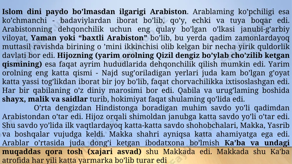 iri bilan uzoq umsh qilib, holdan ketgan edi, bu ikkala mamlakatning ham o’z ichida keskin ijtimoiy ziddiyatlar hukm surar edi. arablar esa harbiy ishda katta afzalliklarga ega edi. ko’chmanchi badaviy qabilalar birinchi darajali yengil suvoriylar bilan dong chiqardi, arablar birlashtiruvchi mafkuralarini bayroq qilib chiqardilar. er va boshqa xil o’lj alar uchun olib borilayotgan urushga “alloh yo’lidagi” muqaddas urush tusini berishga arablar juda katta e'tibor qilganlar. arablarning harbiy boshliqlari bu yerda yashab turib, suriyadagi yuqori toifaning zeb-ziynatli hayotini tez o’zlashtirib oldi. suriyadagi katta yer egalaridan va quldorlardan o’mak olib, ulaming o’zi ham yerlami batamom xususiy mulk qilib tortib ola boshladi, qullar asray boshladi, bog’-rog’lar va pomestelar baipo qilib, saroylar qura boshladi. bunday arablar uchun “madina qorilari”ning oddiy patriarxal xayoti maroqsiz va eskirib qolganday ko’rinardi. suriyadagi arab aristokratiyasiga, ya’ni ota-bobolarining rasm-odatlaridan kechib, “kofirlar”ning yangi tartiblarini o’zlashtirib olgan arab aristokratiayasiga madina hamda mesopotamiya va misr harbiy demokratiyasi yomon ko’z bilan qarardi. muhammadning vorislaridan …