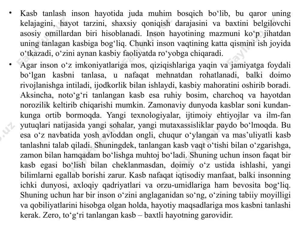 o’qituvchilar taqlid qilish uchun ko’pincha namuna bo’lib xizmat qiladilar. taqlid qilish uchun o’qituvchi namuna bo’lgan chog`da o’quvchi unga bo’lgan yaqinligi, mehribonligini u o’qiyotgan fanga ham tatbiq etadi. shunday ham bo’ladiki, masalan, o’quvchida biologik fanlarga bo’lgan qiziqish, havas aniq-ravshan ko’rinib turadi, lekin unga adabiyot o’qituvchisi yoqqanligi uchun u o’zining butun fikrzikrini adabiyot bilan bog`laydi. 2. o’quv fanini kasb bilan bir xil deb tushunish. o’smir maktabdagi fanlarni o’zlashtirishdagi muvaffaqiyatlariga asoslanib, ko’pincha bo’lgusi kasbini belgilaydi. o’quvchiga adabiyot yoqib qolgan bo’lsa, bu u adabiyotni amaliy jihatdan qo’llanish bilan bog`liq bo’lgan kasblar to’g`risida tasavvurga ega bo’lmasa ham adabiyot mening sevgan fanim, deydi. u kasbni emas, balki bilimning o’zini qiziqtiruvchi sohasinigina tanlaydi, bu sohada nimani istayotganini va nima qilishi mumkinligini mutlaqo tasavvur qilmaydi. 3. qasbning tashqi jihati bilangina qiziqish. o’smirlarni romantika bilan yo’g`rilgan kasblar qiziqtiradi. ular uchuvchi, geolog, ixtirochi bo’lishni orzu qiladilar. bu — mutlaqo tabiiy hol, albatta. lekin o’quvchilar ko’pincha o’zlarini qiziqtirayotgan kasblarning faqat romantik …