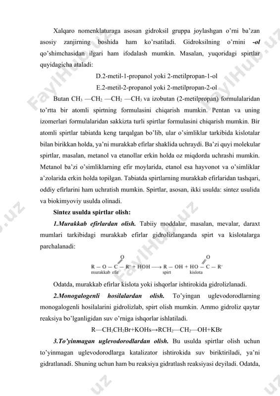 fatida sulfat kislotadan foydalaniladi. тo’yinmagan uglevodorodlarning birinchi vakili—etilen doimo birlamchi spirt hosil qiladi. hozirgi vaqtda etanol shu usul bilan olinmoqda. etilenning gomologlari gidratlanganda ikkilamchi yoki uchlamchi spirtlar ham hosil bo’lishi mumkin. olefinlarga suv markovnikov qoidasiga muvofiq birikadi. bunda, masalan, propilendan ikkilamchi, butilendan esa uchlamchi spirtlar hosil qilinadi: ch3—ch=ch2+hoh→ ch3—ch(oh)—ch3 (ch3)2c=ch2+hoh → (ch3)2coh—ch3 biokimyoviy usul bilan spirtlar olish. shakar moddalarni achitqi fermentlar ta’sirida bijg’itib, spirtlar olish usuli biokimyoviy usul deyiladi. bu usulning mohiyati shundan iboratki, kraxmalli moddalar, masalan, bug’doy, jo’xori, javdar, kartoshka 140—150°c temperaturada suv bug’i bilan ishlanadi va tarkibidagi kraxmal diastaza fermenti yordamida maltozaga aylantiriladi: (c6h10o5)m + nh2o → nc12h22o11 kraxmal maltoza kraxmal diastaza fermenti yordamida maltozaga aylanish jarayoni taxminan 60°c atrofida boradi. maltoza esa 33°c da maltoza fermenti ishtirokida suvni biriktirib oladi va ikki molekula glukozaga aylanadi: c12h22o11 +h2o →2c6h12o6 maltoza glukoza glukoza, o’z navbatida, achitqi fermentlar ta’sirida parchalanib, etil spirt hamda uglerod (iv) oksid hosil qiladi: c6h12o6 → …