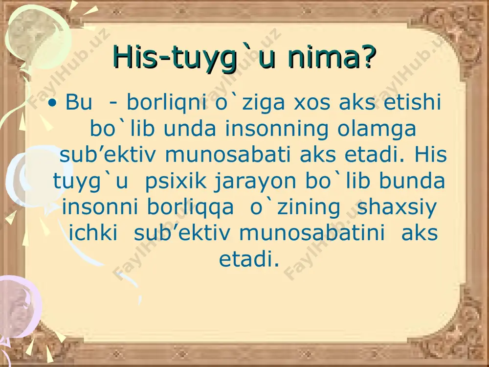 i signallar sistemasi hisoblanadi. ma’lum qo`zg`alishlar odam uchun xotirjamlik haqidagi signalga aylanadi. hissiyotlarning boshqaruvchanlik funktsiyasi shunda namoyon bo`ladiki, barqaror kechinmalar bizning xulqimizni yo`naltiradi va qarama-qarshiliklarni engishga undaydi. emotsiyalarni boshqaruvchi mexanizmi kuchli emotsional qo`zg`alishni kamaytiradi. odamlarning hayotida bo`ladigan qayg`u, kulfat kabi psixik holatlar xaflidir. odam ularni boshqarishi lozim. yuqorida bayon etib o`tilganidek hissiyotlarini ifodalanishi ma’lum sinallar vazifasini o`taydi. hissiyot 3 turga bo`linadi: 1) axloqiy hislar; 2) intellektual hislar; 3) estetik hislar. axloqiy hislar - shaxsning, odamlarning va o`zini xulq - atvoriga emotsional munosabatida ifodalanadi. shaxs bu hislarni kechirar ekan, ijtimoiy axloqiy printsiplari va normalariga asoslanib, boshqa odamlarning xatti-harakatlariga yoki psixik xususiyatlariga ham e’tibor beradi, namoyon etadi. intellektual hislar aqliy faoliyat jarayonida hosil bo`ladigan kechinmalarga aytiladi. ushbu hislar haqqoniy fikrlarga, soxta, ajablanarli, shubhali yoki tushunib bo`lmaydigan, hayratda qoldiradigan fikrlarga bo`lgan munosabatlari ifodalanadi. intellektual hislarga ajablanishini kiritish mumkin. ajablanish inson bilish faoliyatining ajralmas tomonidir. ajablangan va qandaydir tushunib bo`lmagan hayratda qoldiradigan narsaga qaratish …