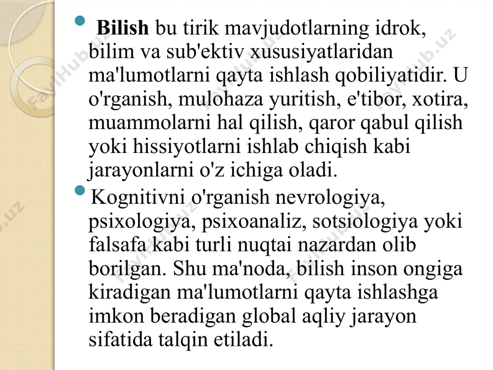 hayot tugaydi” james mc.gaugx.psixolog sifatida shuni ta’kidlash lozimki, xotira bu – doimiy va o‘zgaruvchan hamda saqlangan ma’lumotlarni o‘rganishdir. xotira individning oʻz tajribasida esda olib qolishi, esda saqlashi va keyinchalik uni yana esga tushirishi xotira deb ataladi. e’tiboringiz uchun rahmat. image2.jpeg image3.png image4.jpeg image5.png image6.jpeg image7.jpeg image8.jpeg image9.png image10.jpeg image11.jpeg image12.jpeg image13.jpeg /docprops/thumbnail.jpeg
