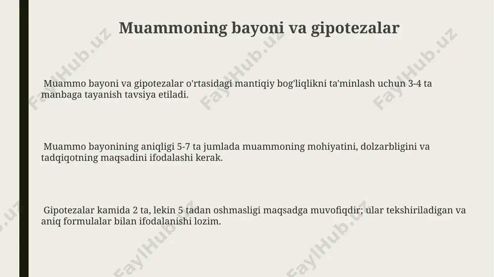 chni o'z ichiga olishi va har bir bosqichning o'ziga xos uslubiyati bo'lishi zarur. maqsad va vazifalarning o'zaro bog'liqligi aniq ko'rsatilishi, ya'ni vazifalar maqsadga qanday yordam berishi 2-3 jumlada tushuntirilishi kerak. kirishning mantiqiy tuzilishi kirishning hajmi maqola turiga bog'liq bo'lib, odatda umumiy hajmining 5-10% ni tashkil etadi, ya'ni 200-500 so'z oralig'ida bo'lishi mumkin. kirishda 2-3 ta asosiy manba keltirish tavsiya etiladi, bu esa tadqiqotning ilmiy asosliligini ta'minlaydi va o'qishga osonlik beradi. kirish qismi odatda 3-5 xatodan oshmasligi kerak, ya'ni mavzuning dolzarbligi, muammoning qo'yilishi, tadqiqot maqsadi va vazifalari, tadqiqot metodologiyasi va natijalarining qisqacha bayoni. ilmiy maqola kirishining ahamiyati samarali kirish qismi maqolaning umumiy hajmining taxminan 10-15 foizini tashkil qilib, o'quvchini asosiy qismga mantiqiy tayyorlaydi va tadqiqotning maqsadini aniq ifodalaydi. ilmiy maqola kirish qismi o'quvchini mavzuning ahamiyati va dolzarbligi bilan tanishtiradi, shuningdek, 3-5 ta asosiy tadqiqot savollari va gipotezalarni aniq bayon etadi. kirish qismida o'rganilayotgan muammoning nazariy asoslari, mavjud adabiyotlar tahlili (kamida 10 …