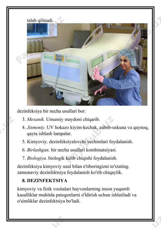 ng samaradorligini yo'qotmaydi. · kam zaharli bor va odamlar va hayvonlar uchun zaharli bo'lmagan bo'lishi. · dezinfektsiya sirtini buzadi qilmang. · yonuvchan va portlovchi bo'lmasligi kerak. · kuchli hidi yo'q. · tayyorlash va foydalanish uchun qulay bo'lishi kerak. 12. zamonaviy tibbiy dezinfektsiya bugungi kunda, tibbiyot bakteriyalar, viruslar, sport turlari, patogen zamburug'lar qarshi samarali harakatlarni keng dezinfeksiya qilish uchun dorilar ishlatiladi. bu tozalash va zararsizlantirish agentlari ham. ularning ko'pchiligi bir necha marta foydalanish mumkin. mana, ulardan ayrimlarining nomlari: · "septuplets" - dez.sredstvo va bir sterilizatsiya agenti sifatida foydalanish mumkin. · "premium" - ekologik xavfsiz dezinfeksiyalovchi, shuningdek, bir poklik agenti sifatida foydalanish mumkin. · des - "baktol". bir detarjen ta'sirini bildiradi. · "baktol kuchli" juda murakkab tayyorlash. · "kleenex'lerin" teri antiseptik hal favqulodda dezenfekte sirt uchun foydalanish mumkin. · "des jadval" - juda, iqtisodiy va ko'p tomonlama, xlor bilan planshetlar va zarralar mavjud. · dezinfeksiyalovchi "nik" - ilova tozalash ta'siri bor va …