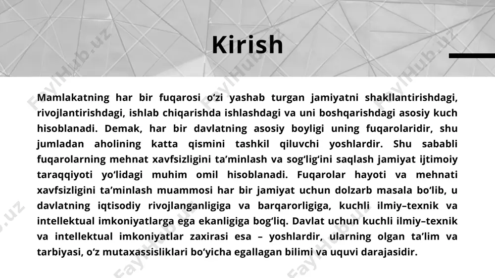 foyda olish bilan bajaradigan qilib tashkil qilishga yordam beradi. kichik korxonalar ishlab chiqarayotgan mahsulotlarining turlarini o‘zgartirib, iste’molchilarning o‘zgaruvchan talablariga ko‘ra tovarlar ishlab chiqarish bilan bozor holatini o‘zgarishiga tez javob qaytarish qobiliyatiga egalar. ular odamlarning mavsumiy ehtiyojlarini to‘laroq va sifatliroq qondirishlari mumkin. kichik biznes korxonalarida mehnat muhofaza qilishni tashkil etish. o‘zbekiston respublikasining “mehnatni muhofaza qilish to‘g‘risida”gi qonuniga asosan mehnatni muhofaza qilish - bu tegishli qonun va boshqa me’yoriy hujjatlar asosida amal qiluvchi, insonning mehnat jarayonidagi xavfsizligi, sihatsalomatligi va ish qobiliyati saqlanishini ta’minlashga qaratilgan ijtimoiy-iqtisodiy, tashkiliy, texnikaviy, sanitariya-gigiyena va davolash-profilaktika tadbirlari hamda vositalari tizimidan iboratdir. jamiyat uchun inson faoliyatining turli sohalarini qamrab oluvchi bu o‘ta murakkab tizimni maqbul holatda tashkil qilish va samarali boshqarish muammosi tug‘iladi. yuqorida keltirilgan qonunning 13-moddasida korxonalarda mehnatning sog‘lom va xavfsiz sharoitlarini ta’minlash sharti keltirilgan. unga binoan korxonadagi har bir ish joyidagi mehnat sharoiti mehnatni muhofaza qilish standartlari, qoida va me’yorlari talablariga muvofiq bo‘lishi lozim. korxonada mehnatning sog‘lom …
