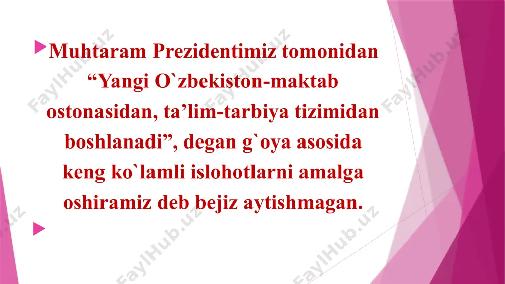 mustaqil fikrlashga o’rgatish, nutq madaniyatini oshirish,o’z-o’zini boshqarishga yo’naltirish,hozir javoblik,topqirlik xususiyatlarini rivojlantirish. darsning rejasi 1 reproduktiv salomatlik haqida tushuncha. 2 irsiy kasalliklar deganda nimani tushunamiz? 3 daun sindromi. 4 klaynfelter sindromi. 5 shereshevskiy-terner sindromi. 6 xulosa reproduktiv salomatlik haqida tushuncha. prezidentimizning 2009 yil 13 fevraldagi “ona va bola salomatligini muhofaza qilish va sog`lom avlodni shakllantirishga doir qo`shimcha chora tadbirlar to`g`risida”gi qarori; 2009 yil 1 iyuldagi “2009 – 2013 yilllarda aholining reproduktiv salomatligini mustahkamlash, sog`lom bola tug`ilishi, jismoniy va ma`naviy barkamol avlodni voyaga yetkazish borasidagi ishlarni yanada kuchaytirish va samaradorligini oshirish chora-tadbirlari dasturi to`g`risida”gi qarori. reproduktiv salomatlik reproduktiv salomatlikka inson salomatligini asrash va mustahkamlashning asosiy tarkibiy qismi sifatida qaratiladi. reproduktiv (lotincha re- tiklanish, takrorlanish ma’nosida, produco- yarataman). reproduktiv salomatlik degandainsonning o’zidagi mavjud irsiy axborotni keying avlodga yaxlit, genlarni mutatsiyalarga uchratmagan holda o’tkazish natijasida o’zidan sog’lom nasl qoldirib,avlodlarning bardavomligini ta’minlash tushuniladi. reproduktiv salomatlik- bu reproduktiv tizim va uning faoliyatiga bog’liq barcha masalalar borasida …