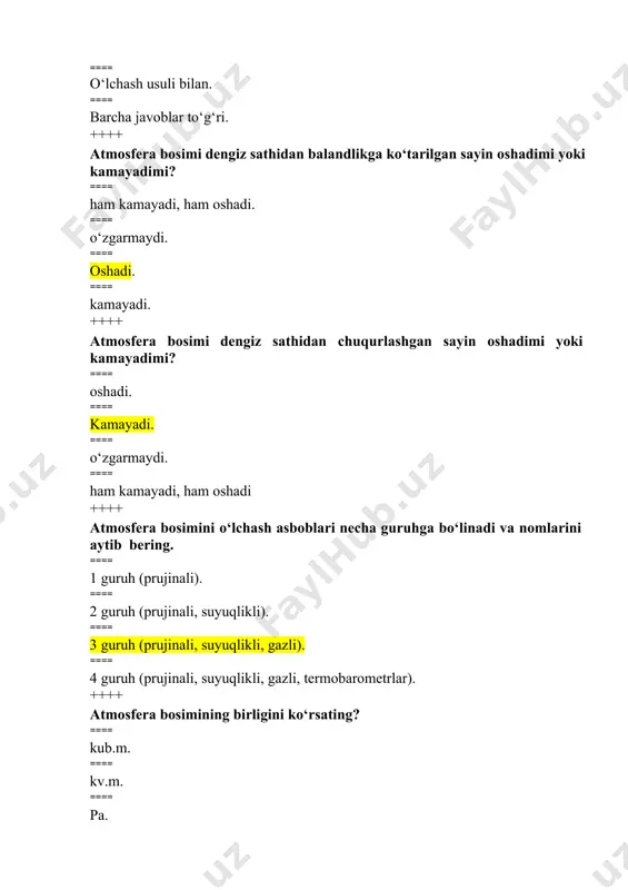 angliyada. ==== daniyada. ++++ barometrik nivelirlash qaysi asbob yordamida bajariladi? ==== barometr-aneroid yordamida. ==== taxeometr yordamida. ==== teodolit yordamida. ==== nivelir yordamida. ++++ barometrik nivelirlash qaysi hollarda qo‘llaniladi? joy tekisliklardan iborat bo‘lsa. ==== joy suvliklardan iborat bo‘lsa. ==== joy keskin past balandliklardan iborat bo‘lsa. ==== har qanday joy sharoitida. ++++ barometrik nivelirlashning asosiy vazifasi nimadan iborat. ==== suv yordamida ikki nuqta balandligi orasidagi farqni aniqlashdan iborat. ==== nivelir asbobi bilan ikki nuqta balandligi orasidagi farqni aniqlashdan iboratdir. ==== yer yuzidagi ikki nuqtaning balandligi orasidagi farqni yoki nisbiy balanlikni shu nuqtalardagi absalyut balandligidan iboratdir. ==== yer yuzidagi ikki nuqtaning balandligi orasidagi farqni yoki nisbiy balanlikni shu nuqtalardagi atmosfera bosimini va havo haroratini bir vaqtda o‘lchash orqali aniqlashdan iboratdir. ++++ bir nechta teodolit yo‘llari uchrashgan nuqtalar nima? ==== otmetka. ==== tugun. ==== rel’yef. ==== gorizontal. ++++ bosh meridianga perpendikulyar kesma nima? ==== ordinata. ==== absissa. ==== kordinata boshi. ==== qutbiy o‘q. ++++ …