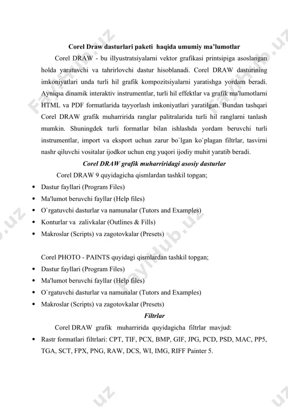 px, cdx, eps, emf, hpgl/plt, pct, interpreteel past scpript, wmf, pdf, psf, dwg, 3dmf, vsd, ttf. · animatsiya fayllarining barcha filtrlari. · tekst fayllari filtrlari: wp8, doc, rtf, txt, xls, wq/wb, wk. · internet formatlarining barcha filtrlari. shuningdek: · 66 ta standart shrift. · corel uninstall. · readme fayllari mavjud. yordamchi dasturlar corel draw 9 grafik muharririning kompakt-diskida bir qancha yordamchi dasturlar mavjud: · adobe acrobat reader 4 · canto simulus deskbop · apple qvik time 3.0 · misrosoft internet explorer 5 corel draw grafik muharririni ishga tushirish corel draw dasturini ishga tushirgandan so`ng uning oynasi 1-rasmdagidek ko`zga tashlanadi. grafika ustida ishlash uchun welcom to corel draw (corel drawga xush kelibsiz) dialog oynasidagi variantlardan birini tanlash lozim. agar biz new graphic (yangi hujjat) variantini tanlasak ekran markazida nashr varag`i bo`lgan - rasmdagidek standart oyna paydo bo`ladi. ushbu dialog oynasidagi what is new (yangiliklar) bo`limidagi corel draw dasturiga oid yangi o`zgarishlarni …